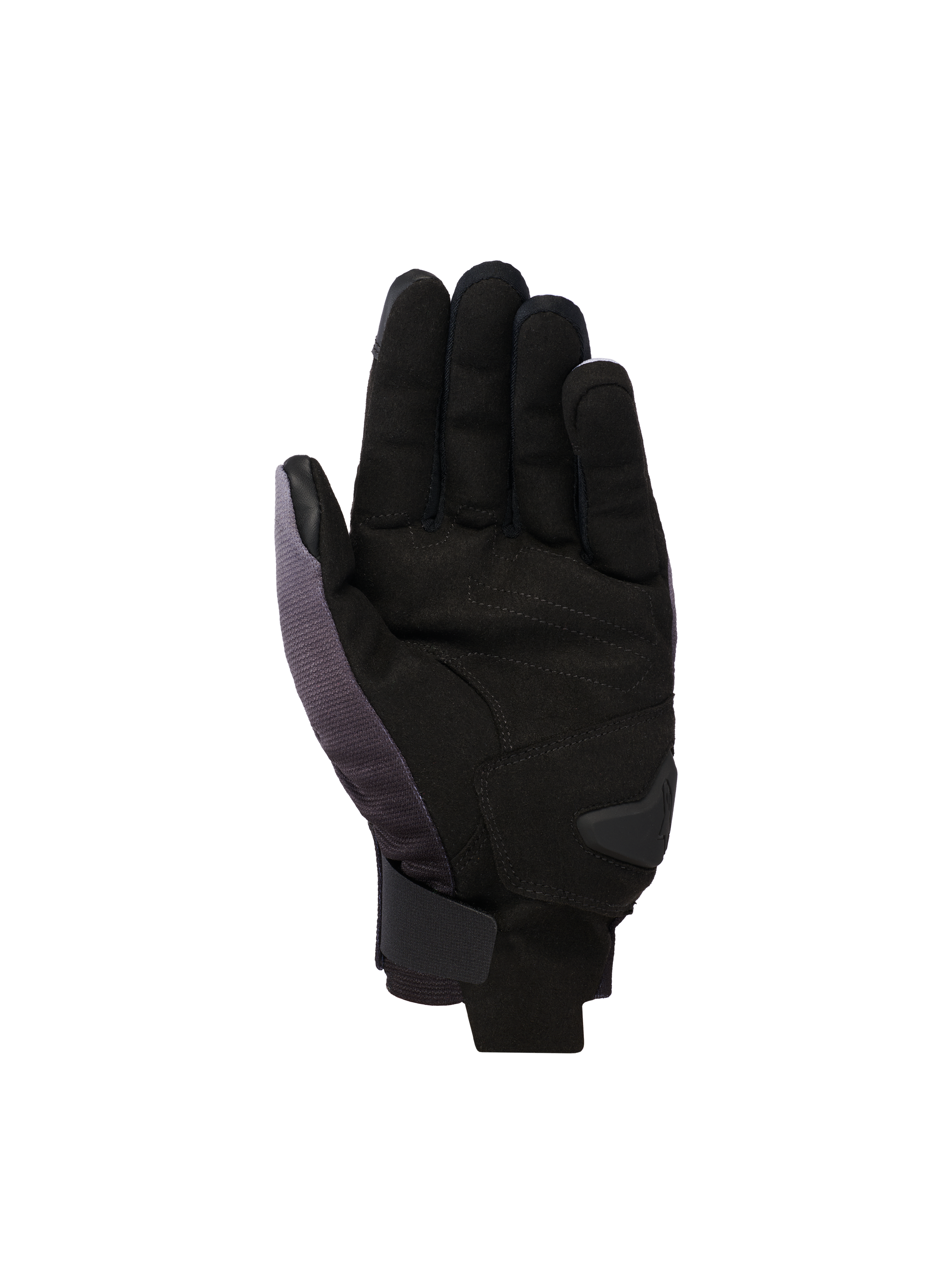 Rękawice Alpinestars Reef V2, motocyklowe rękawice z krótkim mankietem, szaro-czarno-białe, widok od strony dłoni z syntetycznego zamszu z wyściełanym wzmocnieniem i bezpiecznym zapięciem na rzep na nadgarstku.