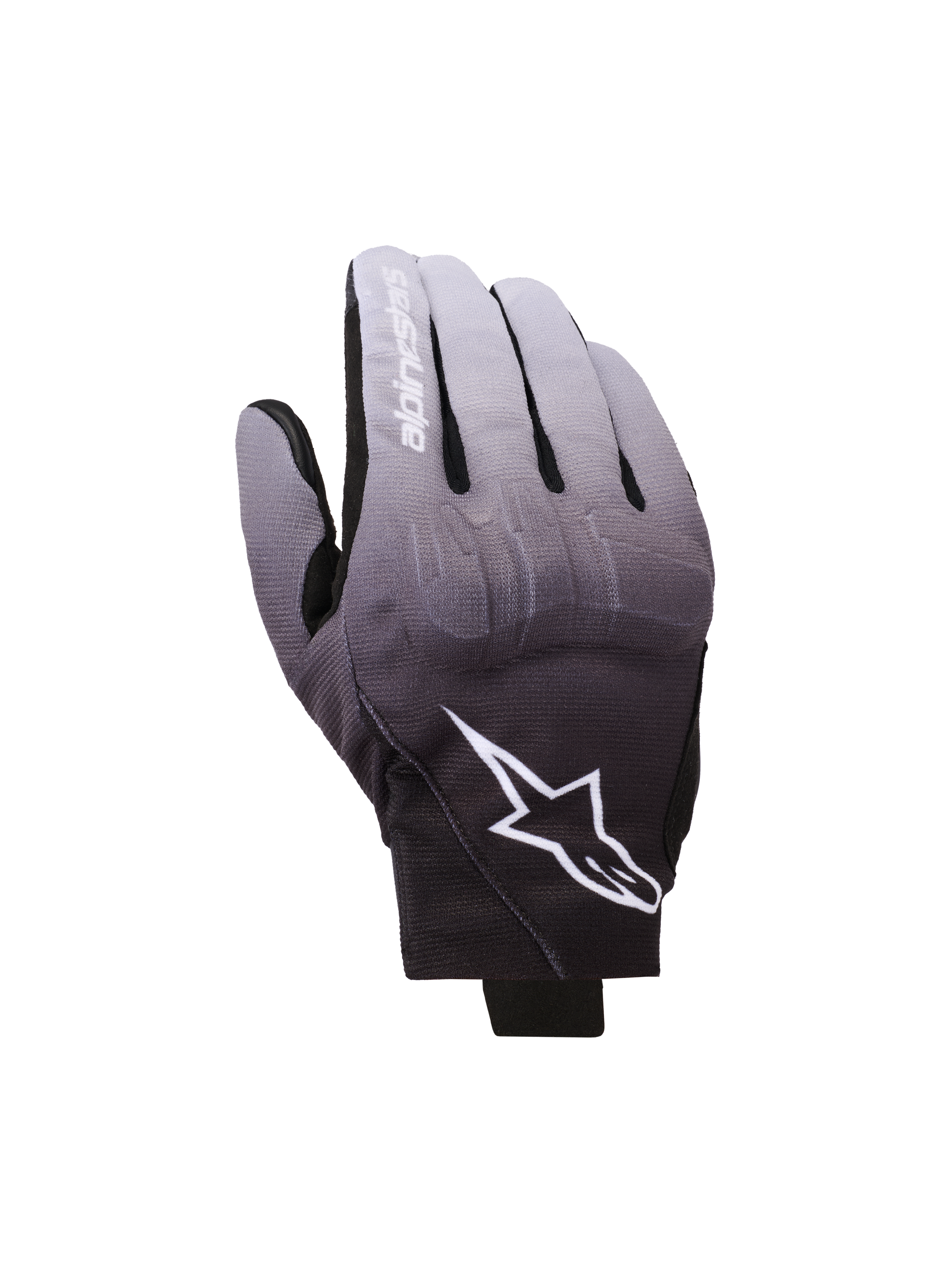 Rękawice Alpinestars Reef V2, rękawice motocyklowe, szaro-czarny gradient, białe logo gwiazdy i nazwa marki na palcu wskazującym, krótki mankiet, miejski design z ochroną kostek TPU i elastycznym materiałem tekstylnym