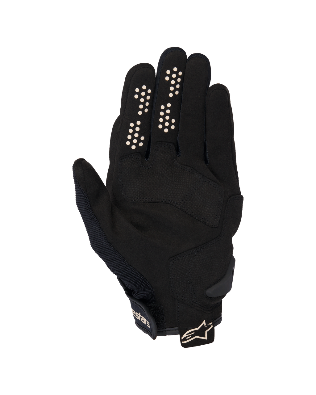 Alpinestars Chrome V2 Gloves, miejskie rękawice motocyklowe, czarno-migdałowe, widok od wewnętrznej strony dłoni, dłoń z syntetycznego zamszu, silikonowe punkty przyczepności na palcach wskazującym i środkowym, krótki mankiet z regulowanym paskiem i logo