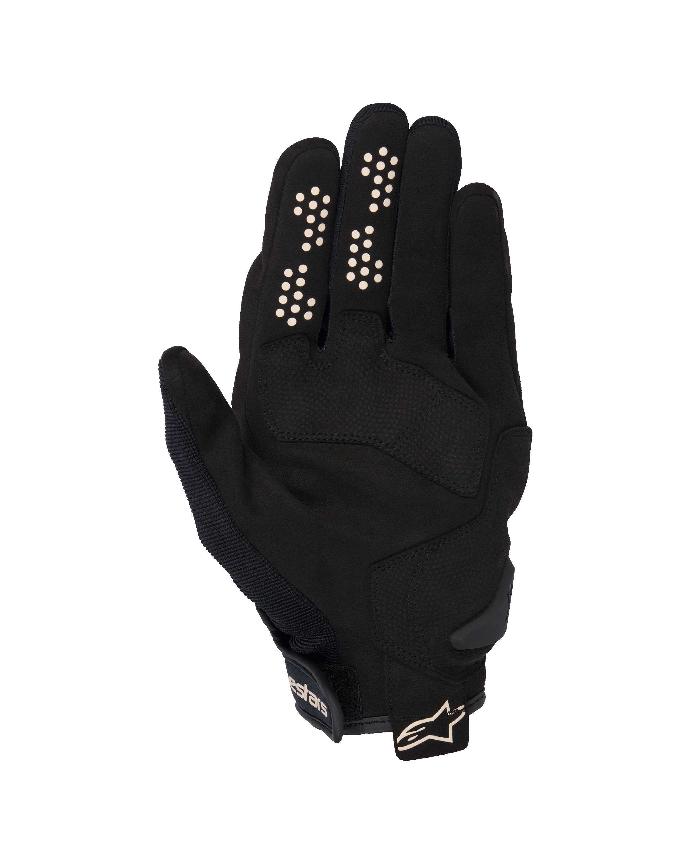 Alpinestars Chrome V2 Gloves, miejskie rękawice motocyklowe, czarno-migdałowe, widok od wewnętrznej strony dłoni, dłoń z syntetycznego zamszu, silikonowe punkty przyczepności na palcach wskazującym i środkowym, krótki mankiet z regulowanym paskiem i logo