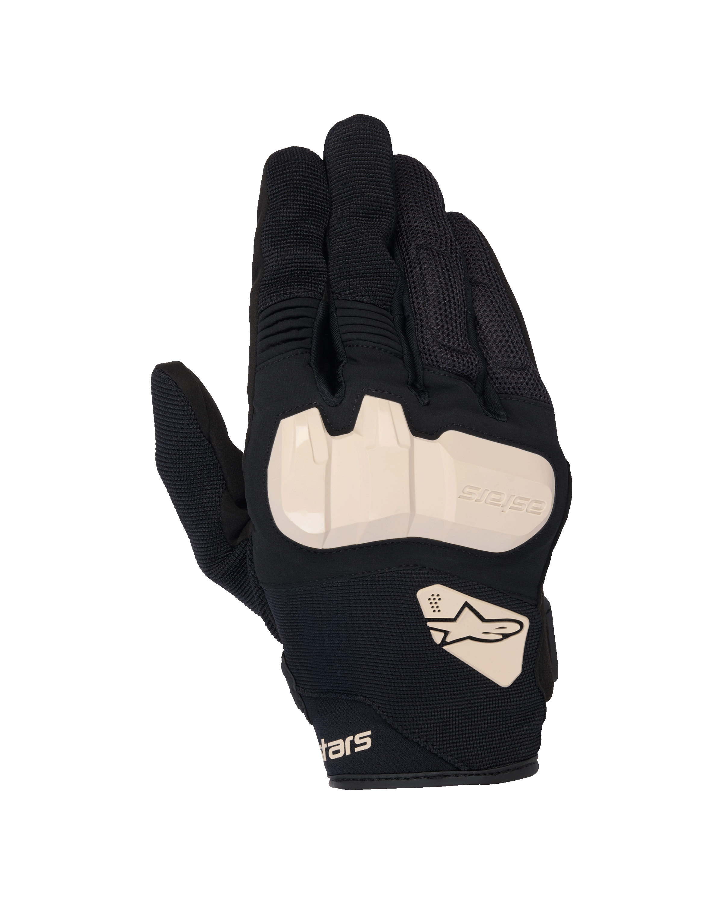 Alpinestars Chrome V2 Gloves, rękawice motocyklowe, czarne z akcentami w kolorze Almond, widok z góry pokazujący ochronę kostek z TPU, konstrukcja z siatki i elastycznej tkaniny, panele harmonijkowe na palcach