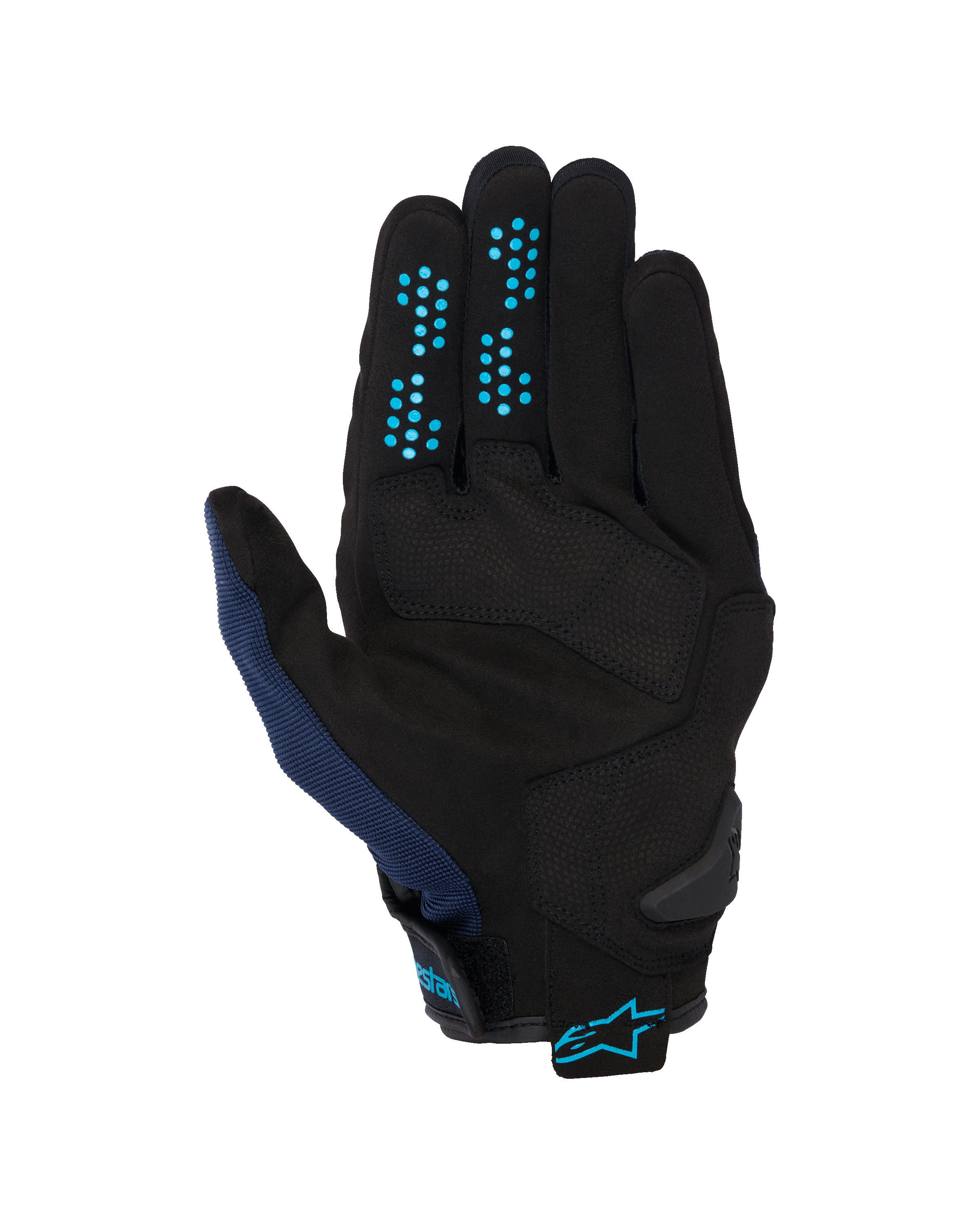 Alpinestars Chrome V2 Gloves, Dark Blue Hawaiian Ocean, widok od strony dłoni, czarna konstrukcja z syntetycznego zamszu z niebieskimi silikonowymi kropkami na palcach, oddychająca siatka na kciuku, regulowany mankiet z niebieskim logo Alpinestars