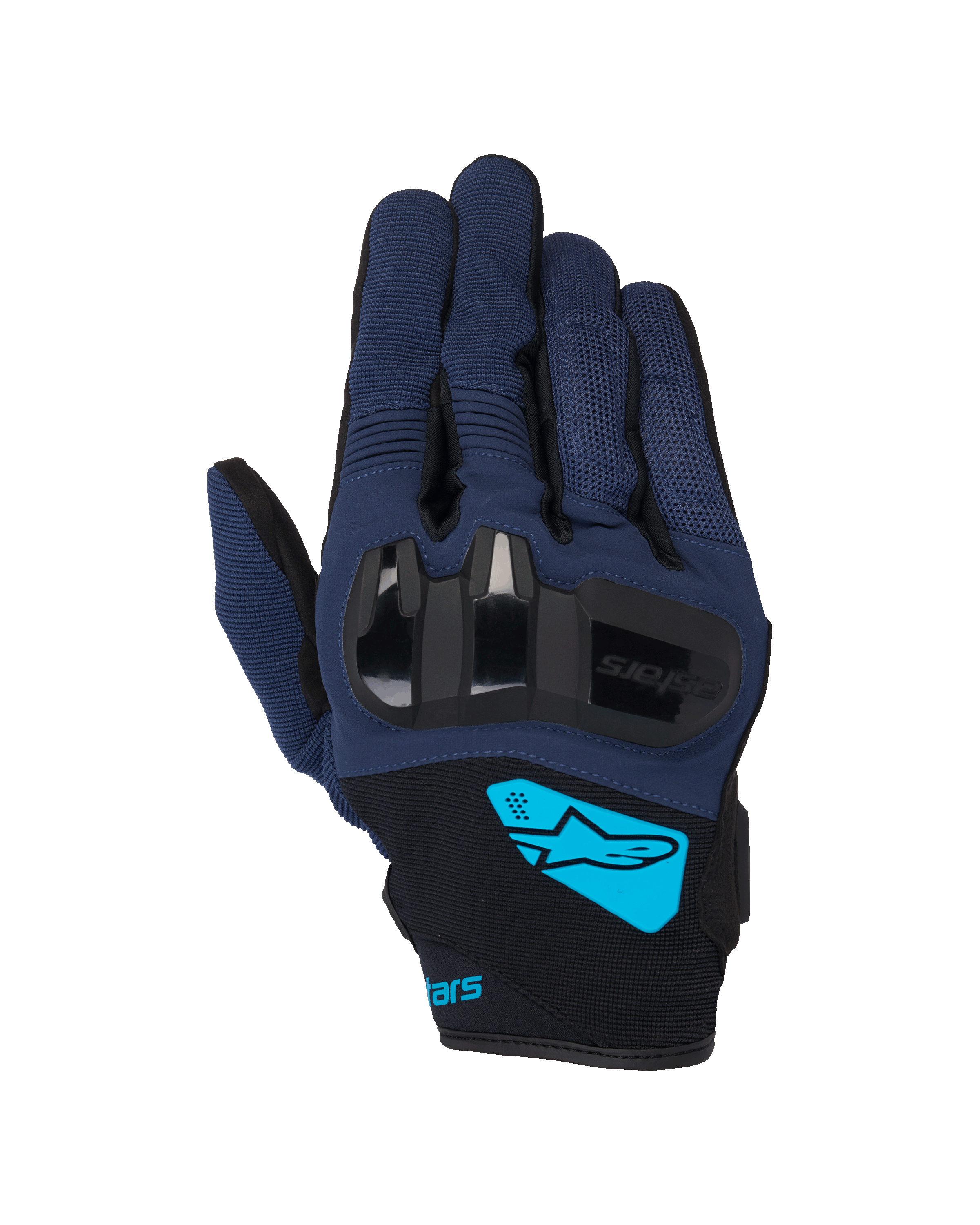 Alpinestars Chrome V2 Gloves, rękawice motocyklowe, ciemnoniebieskie i czarne, z twardymi ochraniaczami kostek TPU, jaskrawoniebieskie logo Alpinestars na nadgarstku, miejskie rękawice z krótkim mankietem