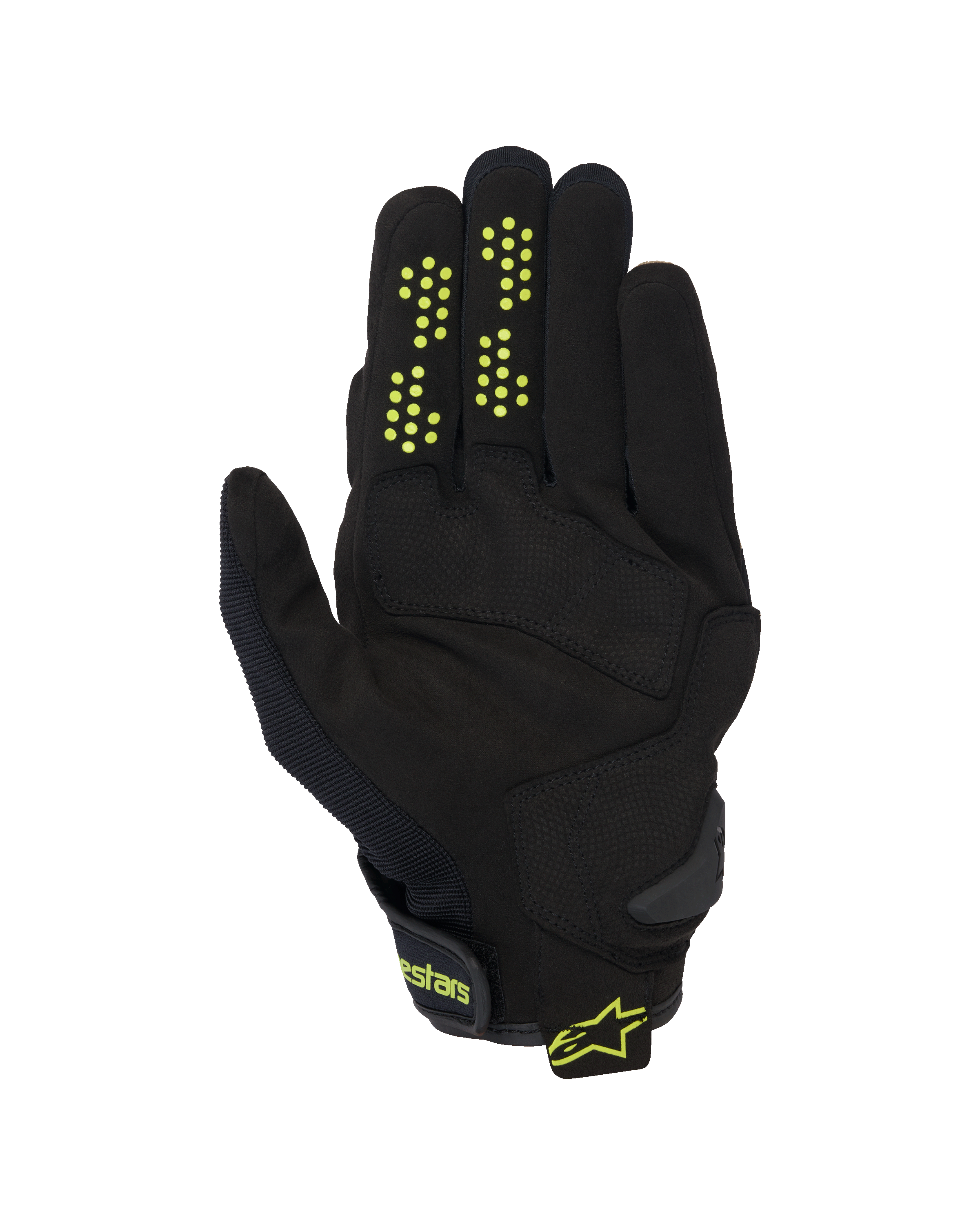 Alpinestars Chrome V2 Gloves, motocyklowe rękawice z krótkim mankietem, czarne z neonowo-żółtymi akcentami, widok od strony dłoni pokazujący konstrukcję z syntetycznego zamszu, silikonowe kropki na palcach, zapięcie na rzep z logo Alpinestars