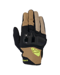 Rękawice Alpinestars Chrome V2, motocyklowe rękawice z krótkim mankietem, w kolorze ciemnego khaki i czarnym, z twardą ochroną kostek, oddychającymi panelami z siatki i fluorescencyjnym żółtym logo Alpinestars, miejska odzież motocyklowa