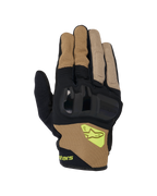 Rękawice Alpinestars Chrome V2, motocyklowe rękawice z krótkim mankietem, w kolorze ciemnego khaki i czarnym, z twardą ochroną kostek, oddychającymi panelami z siatki i fluorescencyjnym żółtym logo Alpinestars, miejska odzież motocyklowa
