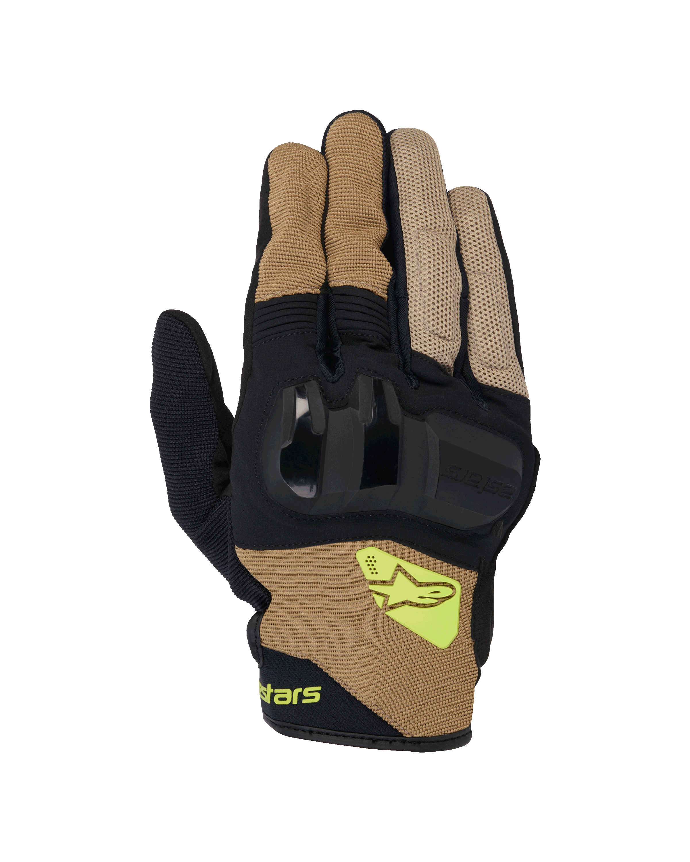 Rękawice Alpinestars Chrome V2, motocyklowe rękawice z krótkim mankietem, w kolorze ciemnego khaki i czarnym, z twardą ochroną kostek, oddychającymi panelami z siatki i fluorescencyjnym żółtym logo Alpinestars, miejska odzież motocyklowa