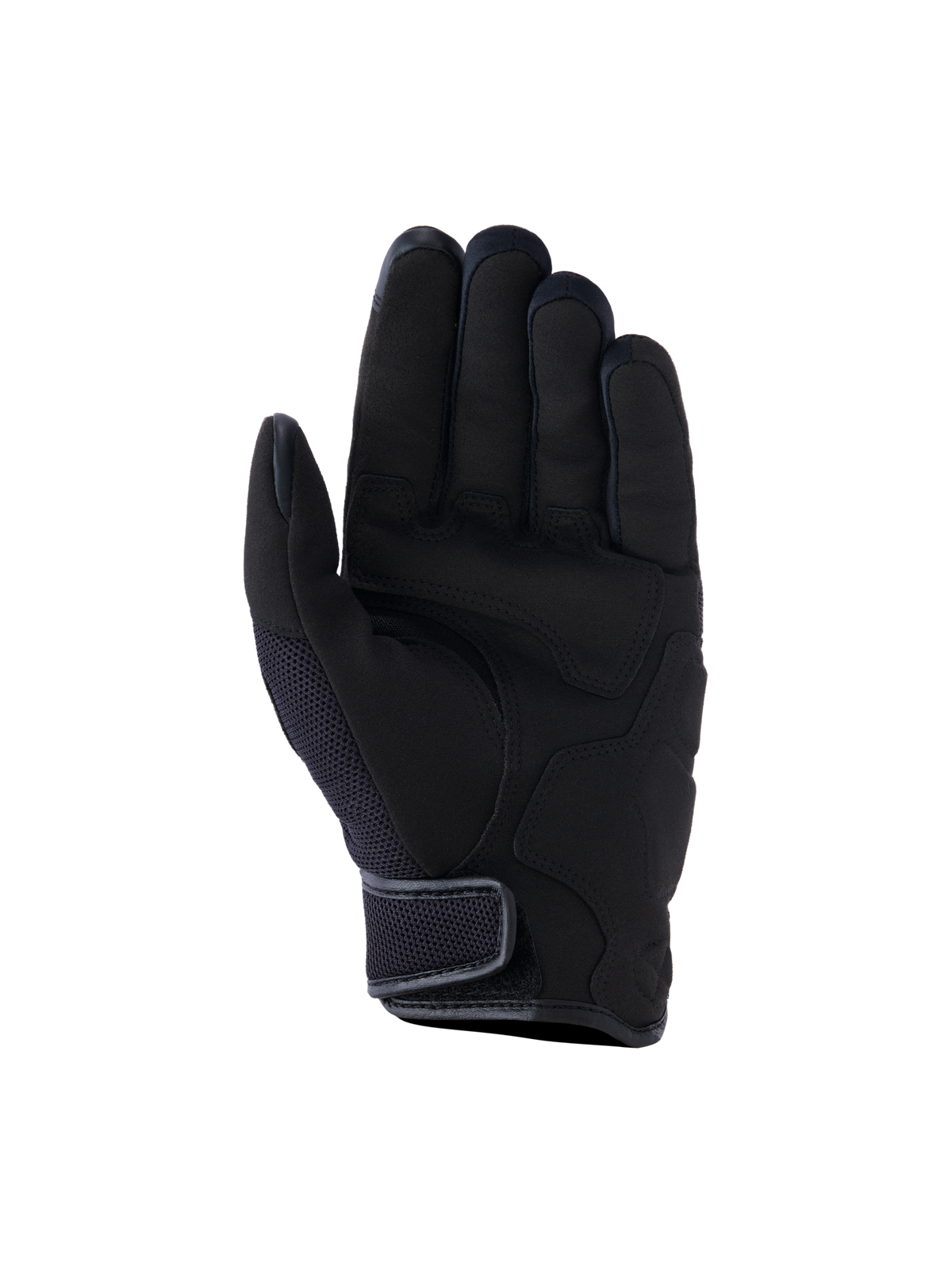 Alpinestars Ignite Gloves, miejskie rękawice motocyklowe, czarne, widok od strony dłoni ze wzmocnieniami z syntetycznego zamszu, oddychającymi wstawkami z siateczki i krótkim mankietem zapinanym na rzep