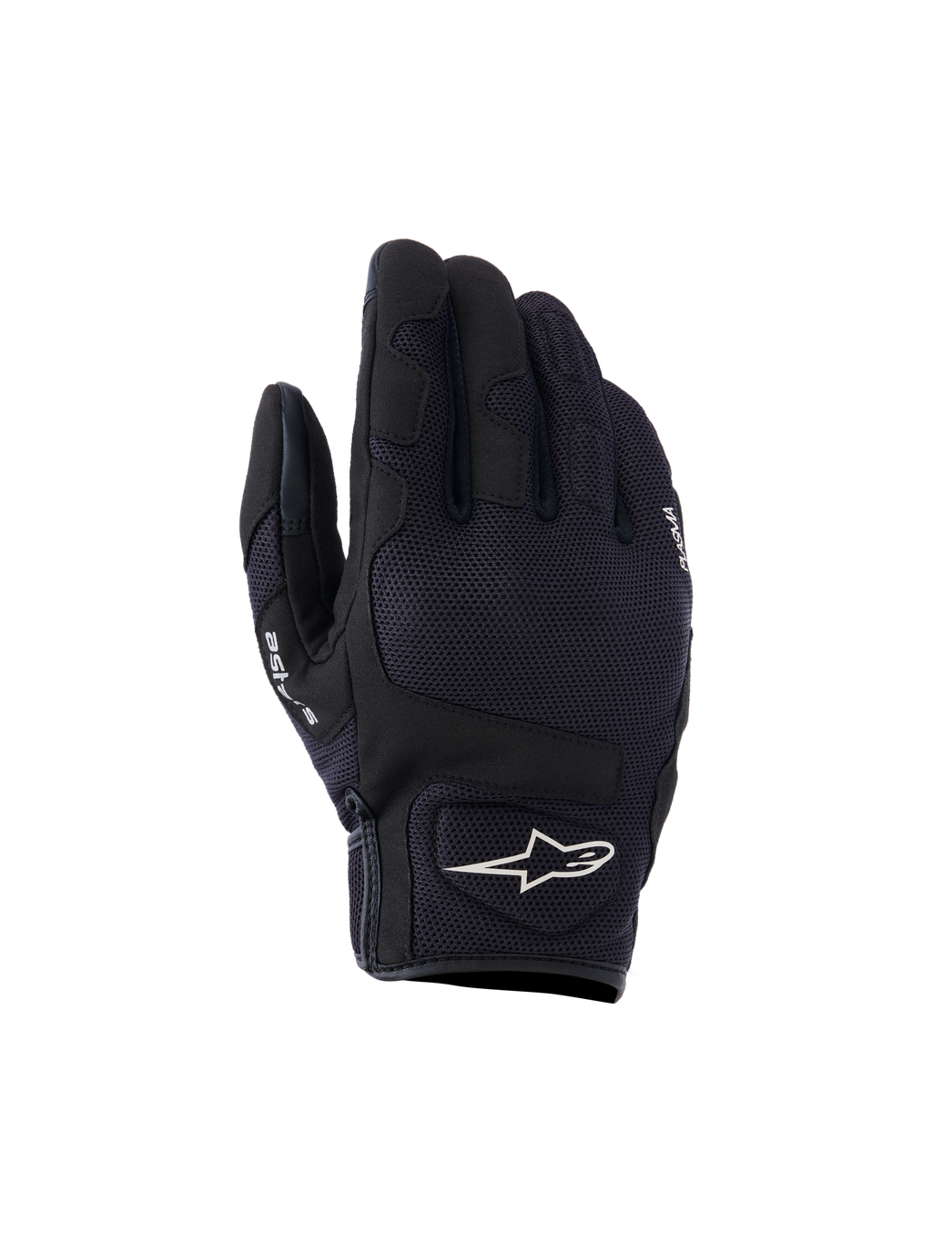 Alpinestars Ignite Gloves, miejskie rękawice motocyklowe, czarne, z przewiewną siateczką na wierzchu, ochroną kostek NUCLEON PLASMA i białym logo gwiazdy Alpinestars na mankiecie.