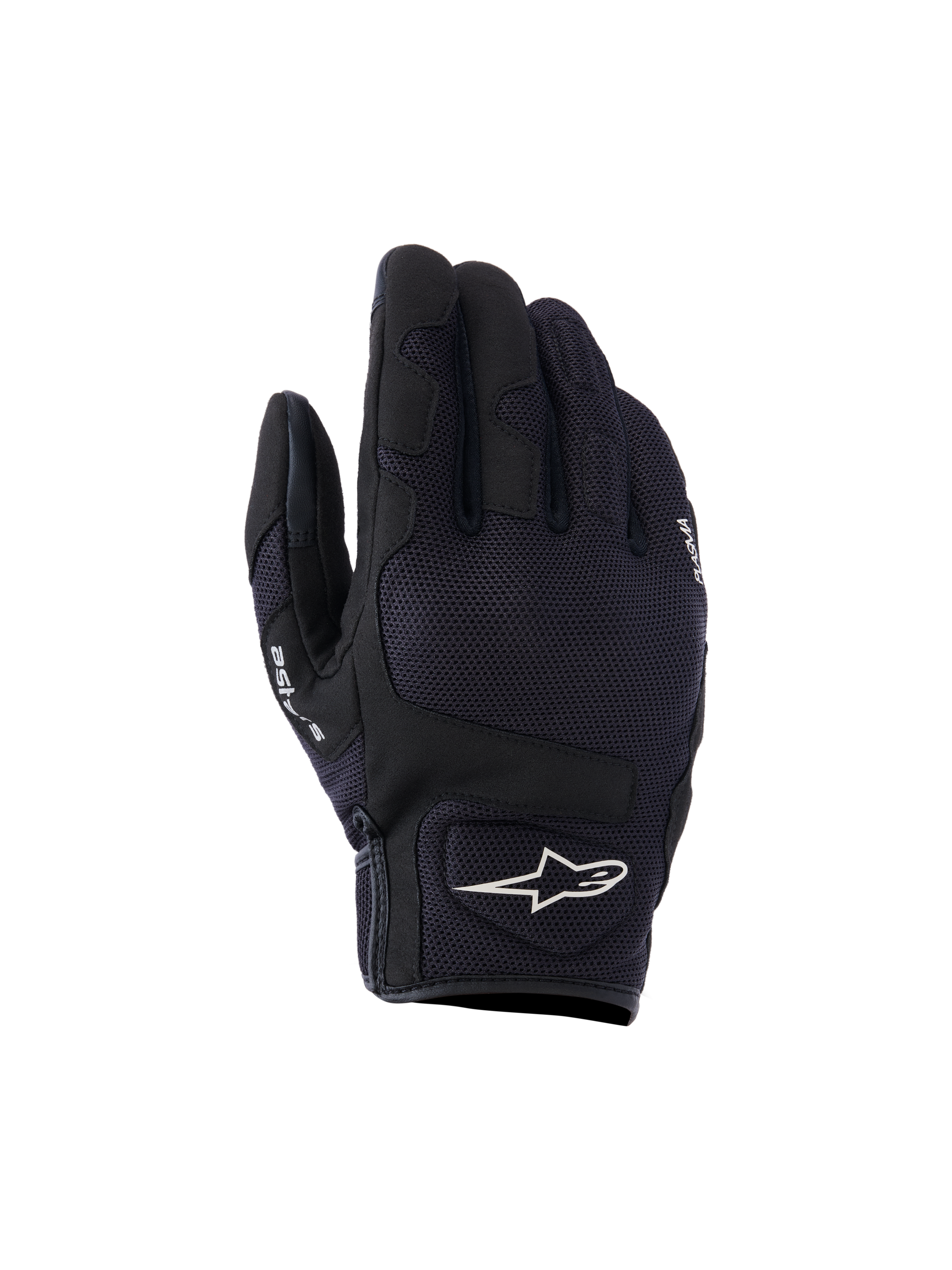 Alpinestars Ignite Gloves, miejskie rękawice motocyklowe, czarne, z przewiewną siateczką na wierzchu, ochroną kostek NUCLEON PLASMA i białym logo gwiazdy Alpinestars na mankiecie.