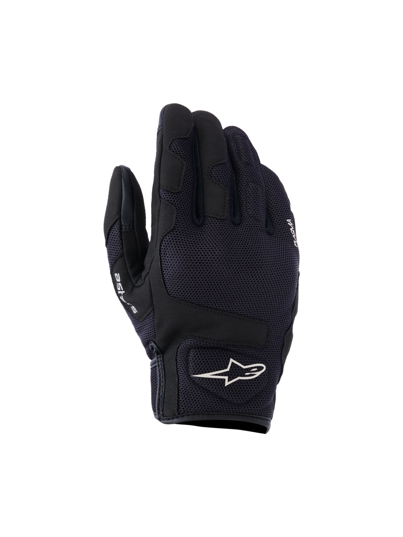 Alpinestars Ignite Gloves, miejskie rękawice motocyklowe, czarne, z przewiewną siateczką na wierzchu, ochroną kostek NUCLEON PLASMA i białym logo gwiazdy Alpinestars na mankiecie.