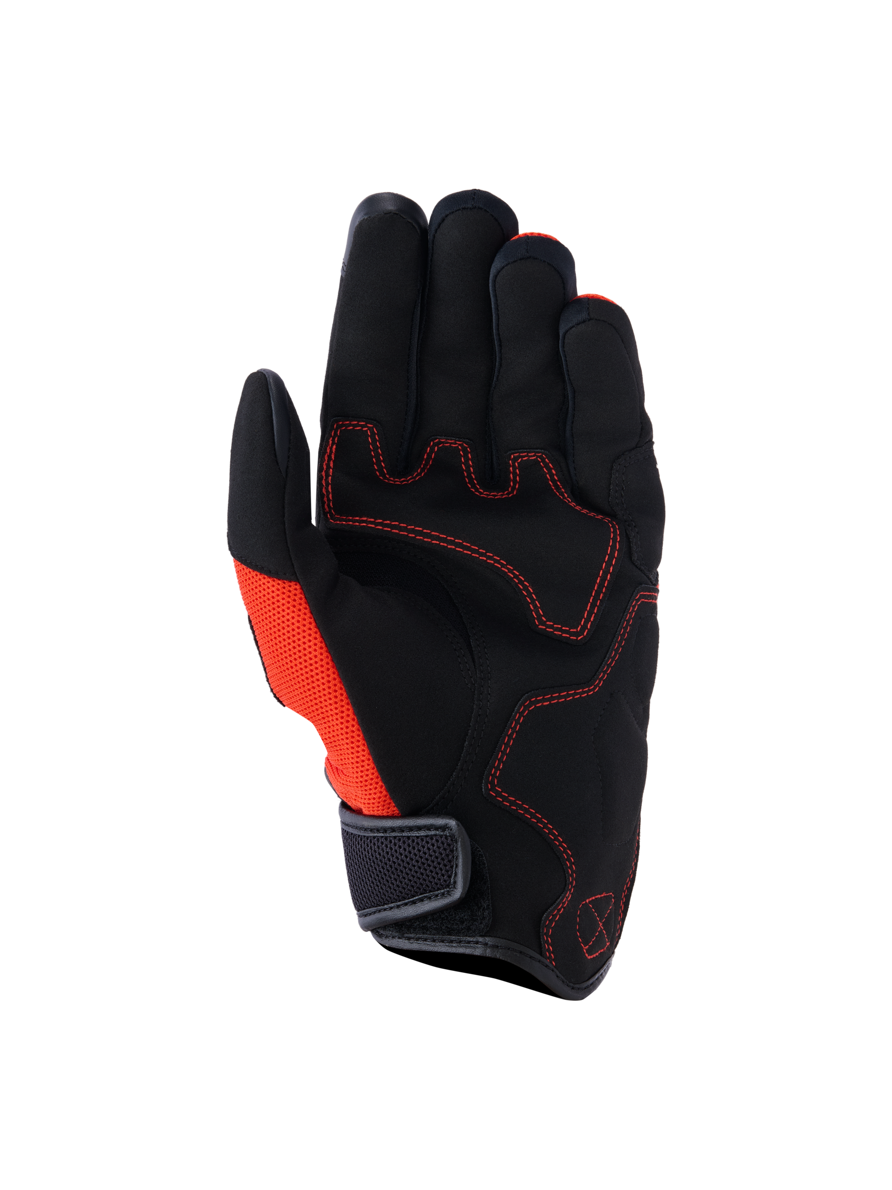 Alpinestars Ignite Gloves, widok od strony dłoni, kolor czarny i czerwony Red Tangerine, dłoń z syntetycznego zamszu z czerwonymi kontrastowymi przeszyciami, boczny panel z siateczki, krótki mankiet z paskiem na rzep, miejska odzież motocyklowa
