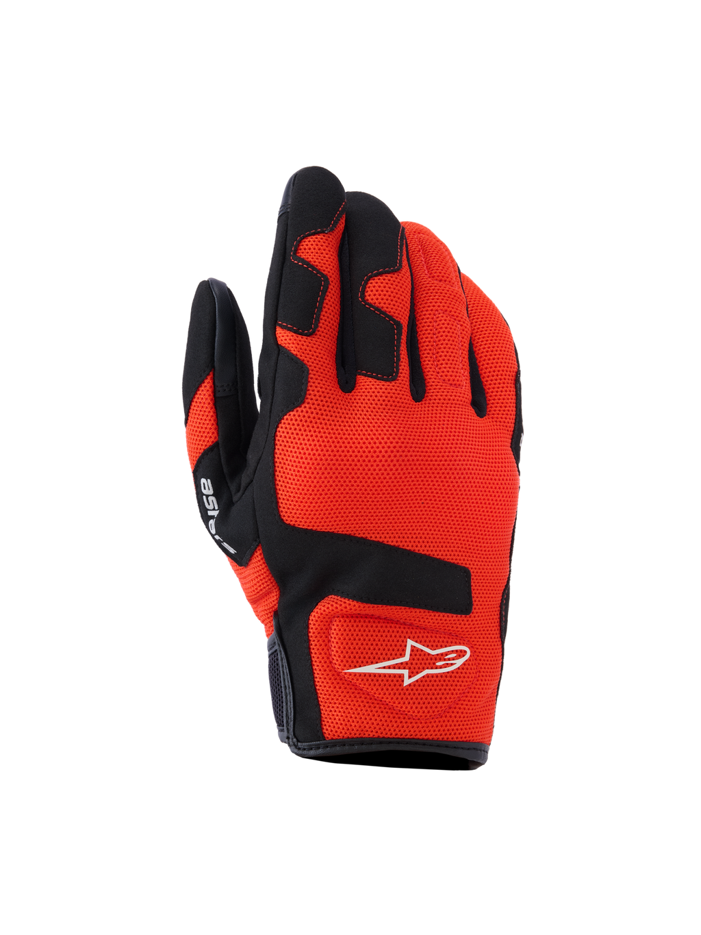 Rękawice Alpinestars Ignite, rękawice motocyklowe, czerwono-pomarańczowe i czarne, oddychająca tkanina siatkowa, czarne wzmocnienia na palcach i kostkach, białe logo z gwiazdą, krótki mankiet