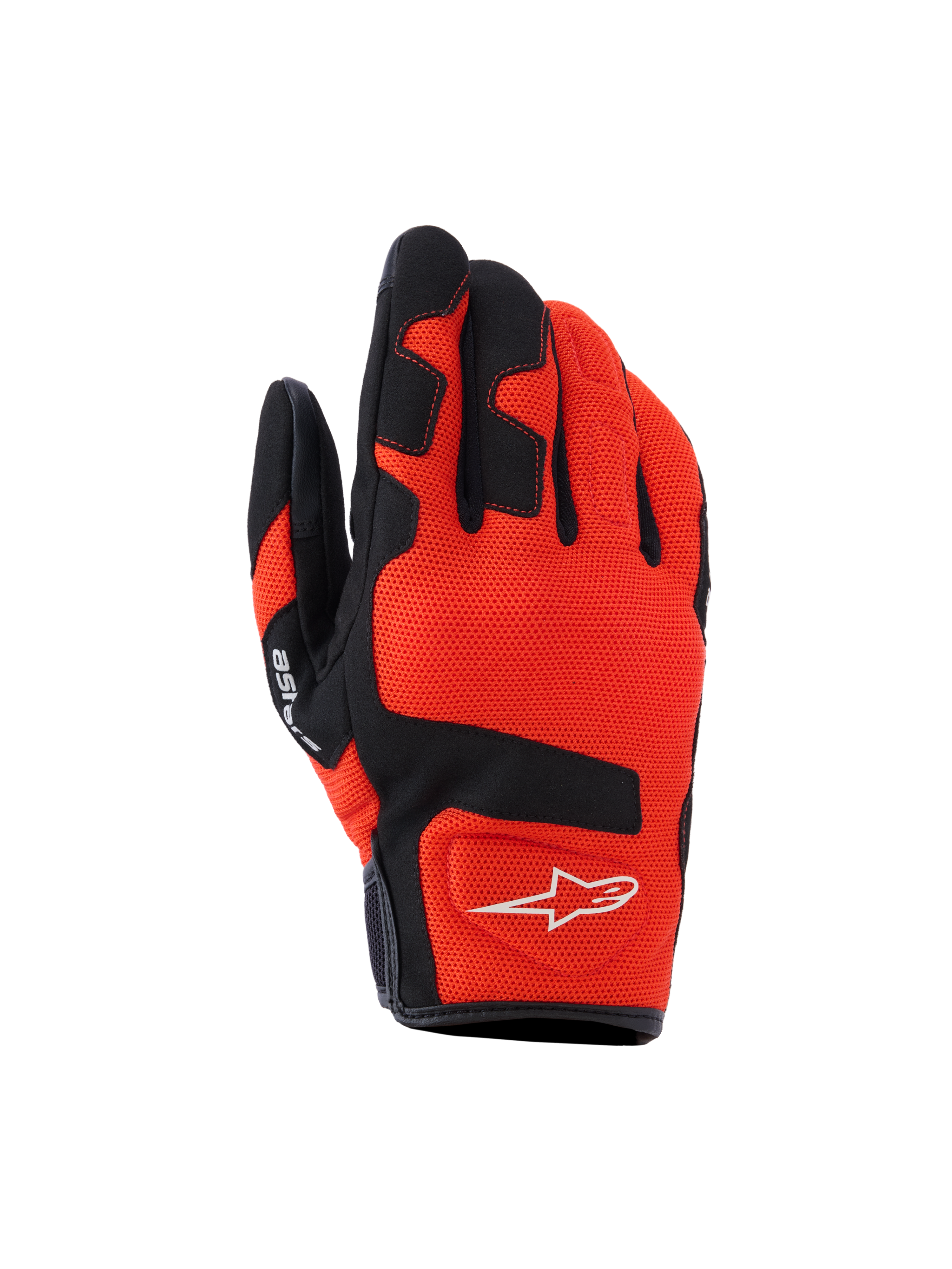 Rękawice Alpinestars Ignite, rękawice motocyklowe, czerwono-pomarańczowe i czarne, oddychająca tkanina siatkowa, czarne wzmocnienia na palcach i kostkach, białe logo z gwiazdą, krótki mankiet