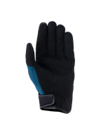 Alpinestars Ignite Gloves, miejskie rękawice motocyklowe, granatowo-czarne, widok dłoni z syntetycznego zamszu ze strategicznymi wyściółkami, boczny panel z turkusowej siatki, krótki mankiet z zapięciem na rzep