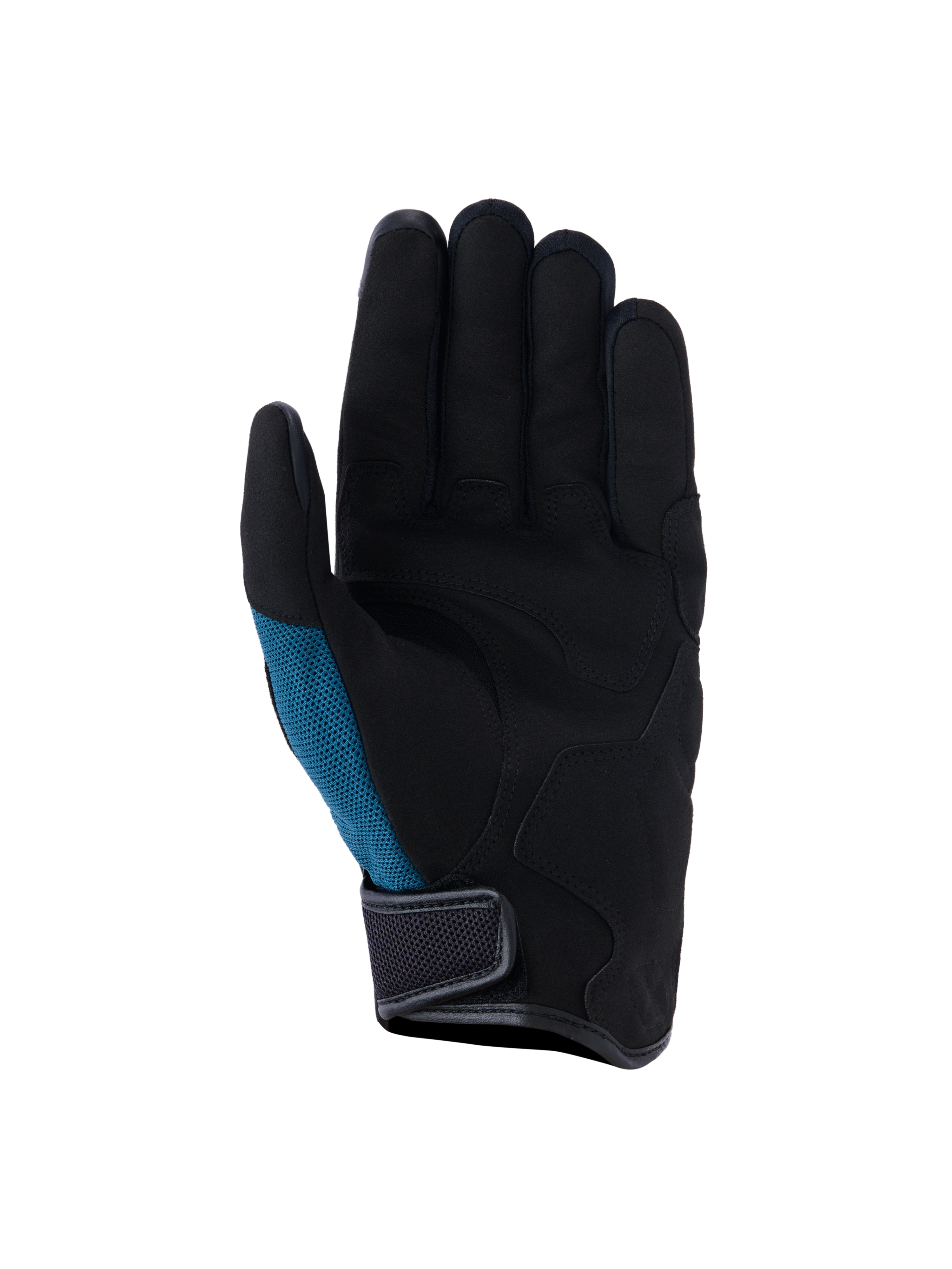 Alpinestars Ignite Gloves, miejskie rękawice motocyklowe, granatowo-czarne, widok dłoni z syntetycznego zamszu ze strategicznymi wyściółkami, boczny panel z turkusowej siatki, krótki mankiet z zapięciem na rzep