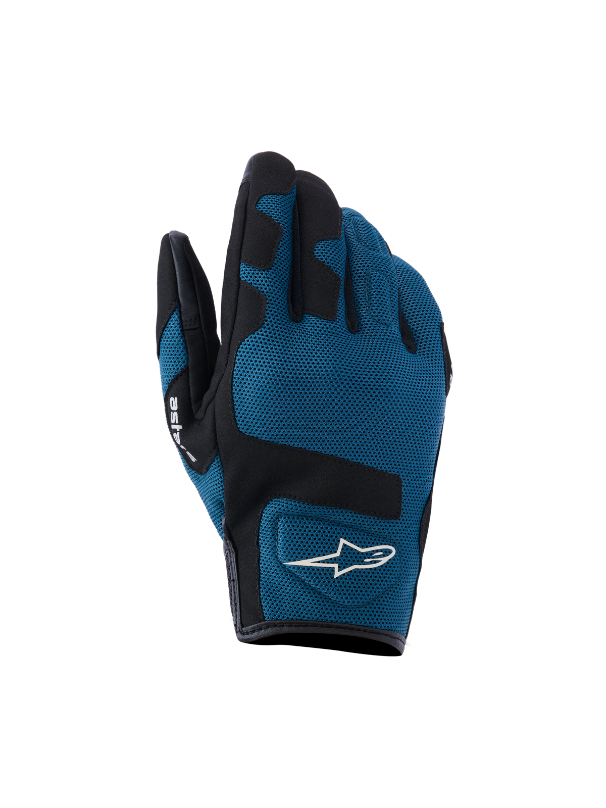Rękawice Alpinestars Ignite, miejskie rękawice motocyklowe, kolor indygo i czarny, oddychająca konstrukcja z siateczki mesh na wierzchu dłoni, czarne wzmocnione panele na kostkach, białe logo A-star, krótki mankiet przeznaczony do jazdy miejskiej