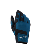 Rękawice Alpinestars Ignite, miejskie rękawice motocyklowe, kolor indygo i czarny, oddychająca konstrukcja z siateczki mesh na wierzchu dłoni, czarne wzmocnione panele na kostkach, białe logo A-star, krótki mankiet przeznaczony do jazdy miejskiej