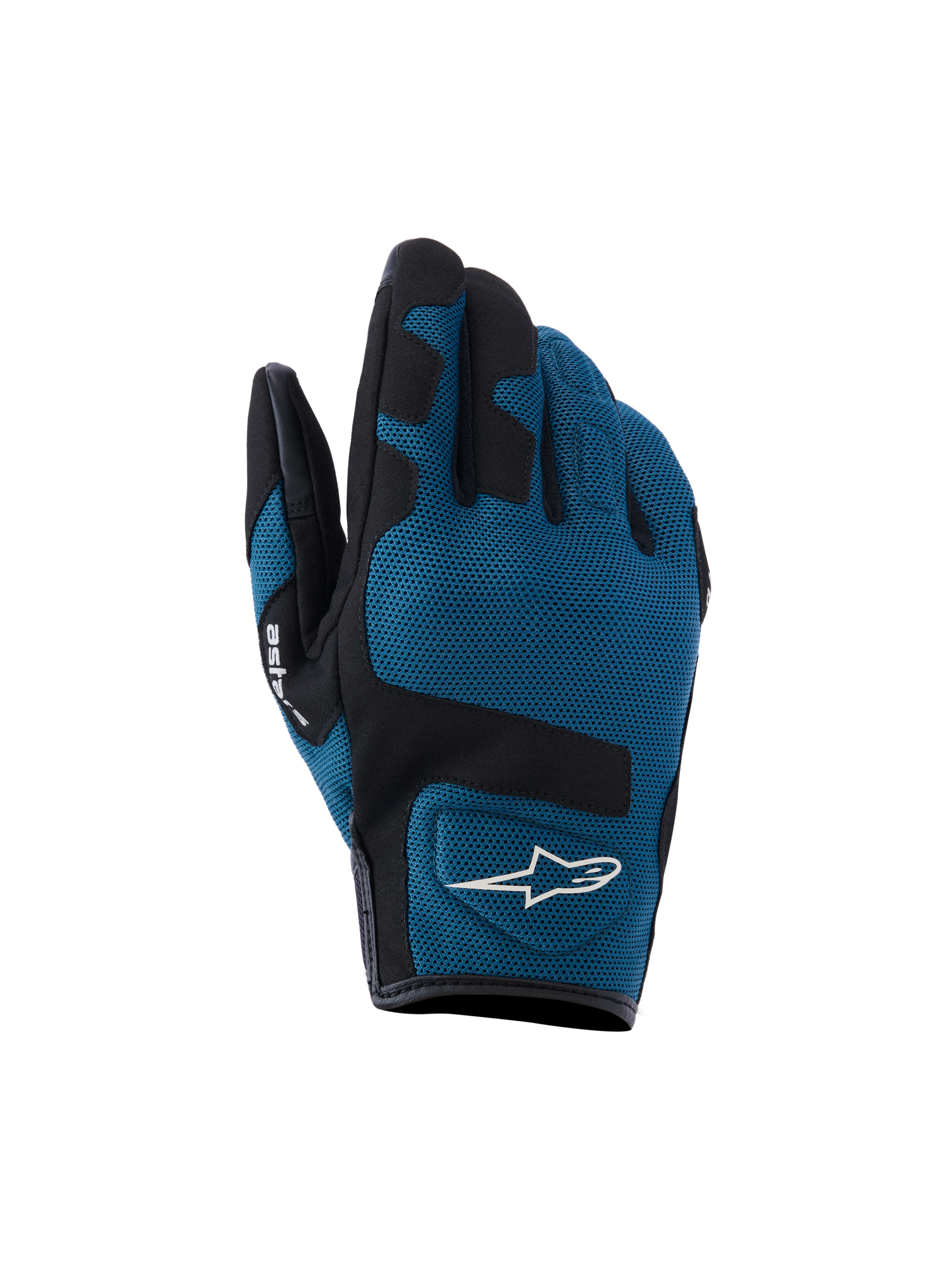 Rękawice Alpinestars Ignite, miejskie rękawice motocyklowe, kolor indygo i czarny, oddychająca konstrukcja z siateczki mesh na wierzchu dłoni, czarne wzmocnione panele na kostkach, białe logo A-star, krótki mankiet przeznaczony do jazdy miejskiej