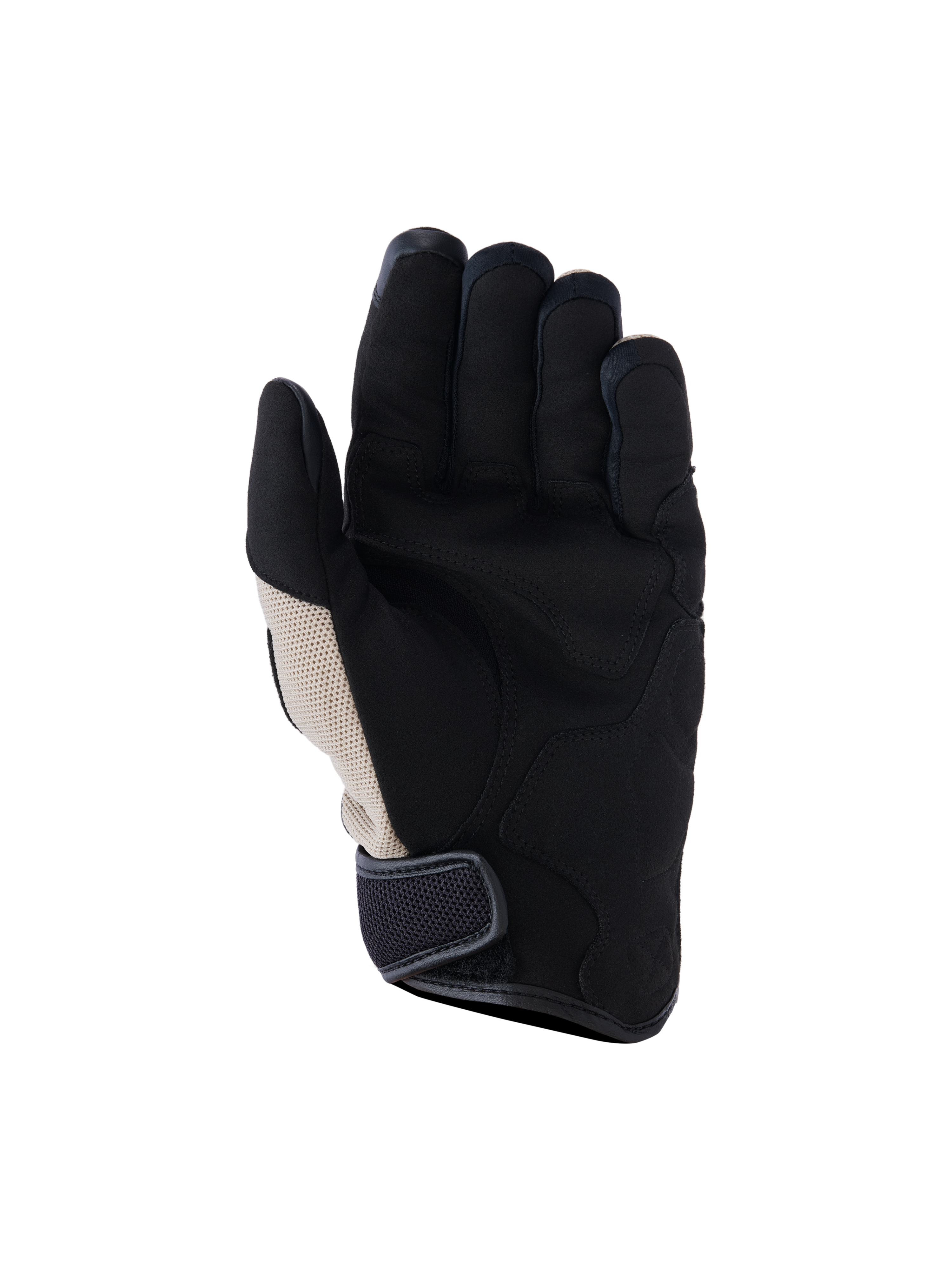 Alpinestars Ignite Gloves, Aluminum Black, widok dłoni miejskich rękawic motocyklowych, wzmocniona dłoń z syntetycznego zamszu, oddychające wstawki z siateczki, pasek na mankiecie zapinany na rzep