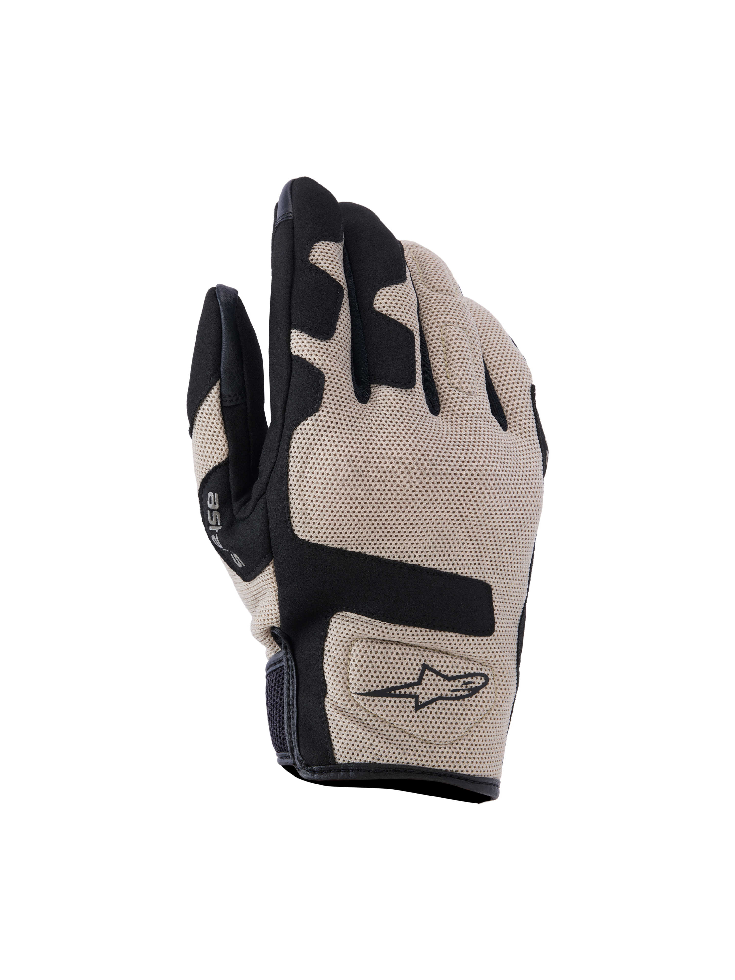 Rękawice Alpinestars Ignite, rękawice motocyklowe, beżowe i czarne, wierzch dłoni z teksturowanej siateczki z czarnymi panelami, krótki mankiet z logo Alpinestars, lekka i oddychająca odzież ochronna do jazdy miejskiej