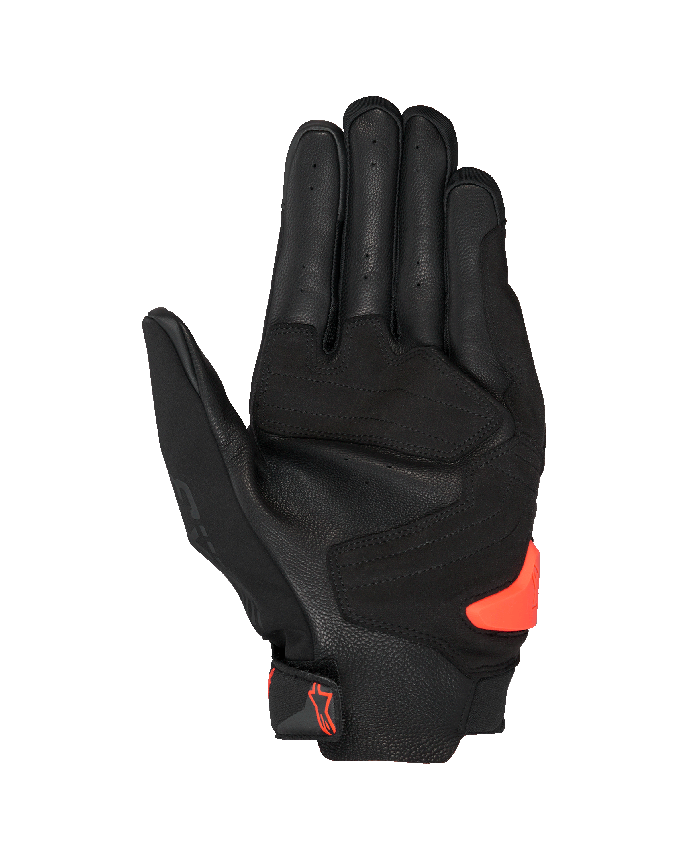 Rękawice Alpinestars SP X 3, czarno-czerwone Fluo, widok od strony dłoni z perforowaną skórą, syntetycznymi wzmocnieniami i jaskrawopomarańczowym ślizgaczem TPR, sportowa i wyścigowa odzież motocyklowa