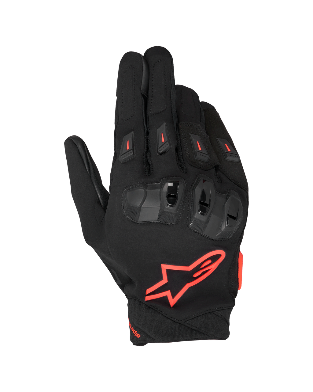 Alpinestars SP X 3, motocyklowe rękawice wyścigowe, czarno-czerwone fluo, z dużym czerwonym logo gwiazdy na wierzchu dłoni, ochraniaczami kostek z TPU o podwójnej gęstości z czerwonymi akcentami i wentylowanymi ślizgaczami palców, sportowy design ochronny do jazdy szosowej