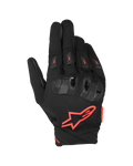 Alpinestars SP X 3, motocyklowe rękawice wyścigowe, czarno-czerwone fluo, z dużym czerwonym logo gwiazdy na wierzchu dłoni, ochraniaczami kostek z TPU o podwójnej gęstości z czerwonymi akcentami i wentylowanymi ślizgaczami palców, sportowy design ochronny do jazdy szosowej