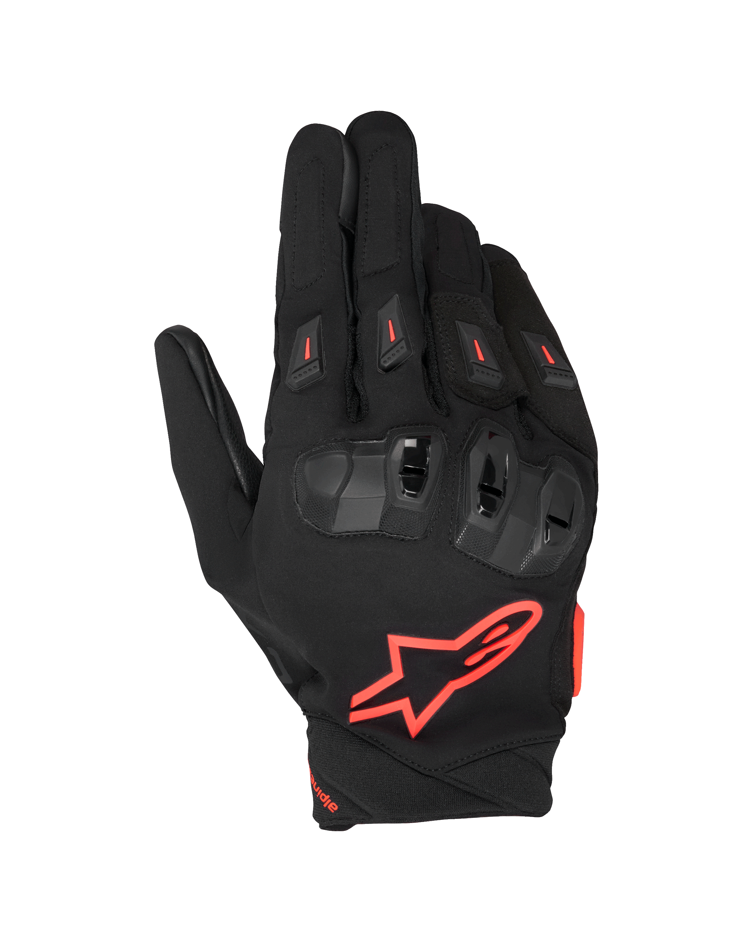 Alpinestars SP X 3, motocyklowe rękawice wyścigowe, czarno-czerwone fluo, z dużym czerwonym logo gwiazdy na wierzchu dłoni, ochraniaczami kostek z TPU o podwójnej gęstości z czerwonymi akcentami i wentylowanymi ślizgaczami palców, sportowy design ochronny do jazdy szosowej