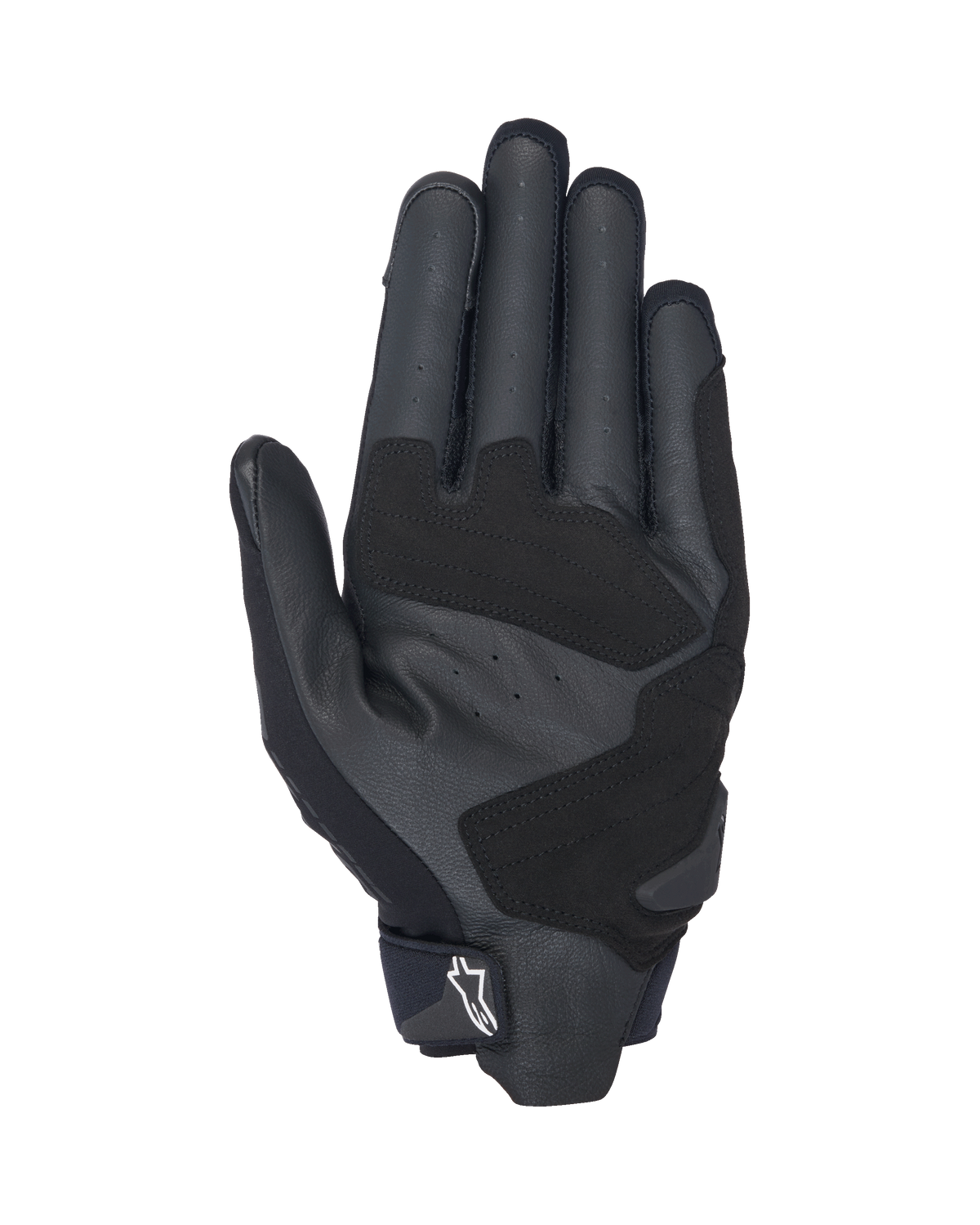 Rękawice Alpinestars SP X 3, czarno-białe rękawice motocyklowe, widok od strony dłoni pokazujący perforowaną skórę dla wentylacji, nakładki ze sztucznej skóry zwiększające przyczepność i trwałość, wzmocnione strefy uderzenia oraz krótki mankiet z białym logo Alpinestars na uchwycie.
