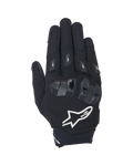 Alpinestars SP X 3 Gloves, Black and White short-cuff motorcycle gloves, top view showing TPU double-density knuckle armor, large white star logo, and finger protectors, designed for sport and road riding