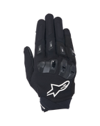 Alpinestars SP X 3 Gloves, Black and White short-cuff motorcycle gloves, top view showing TPU double-density knuckle armor, large white star logo, and finger protectors, designed for sport and road riding