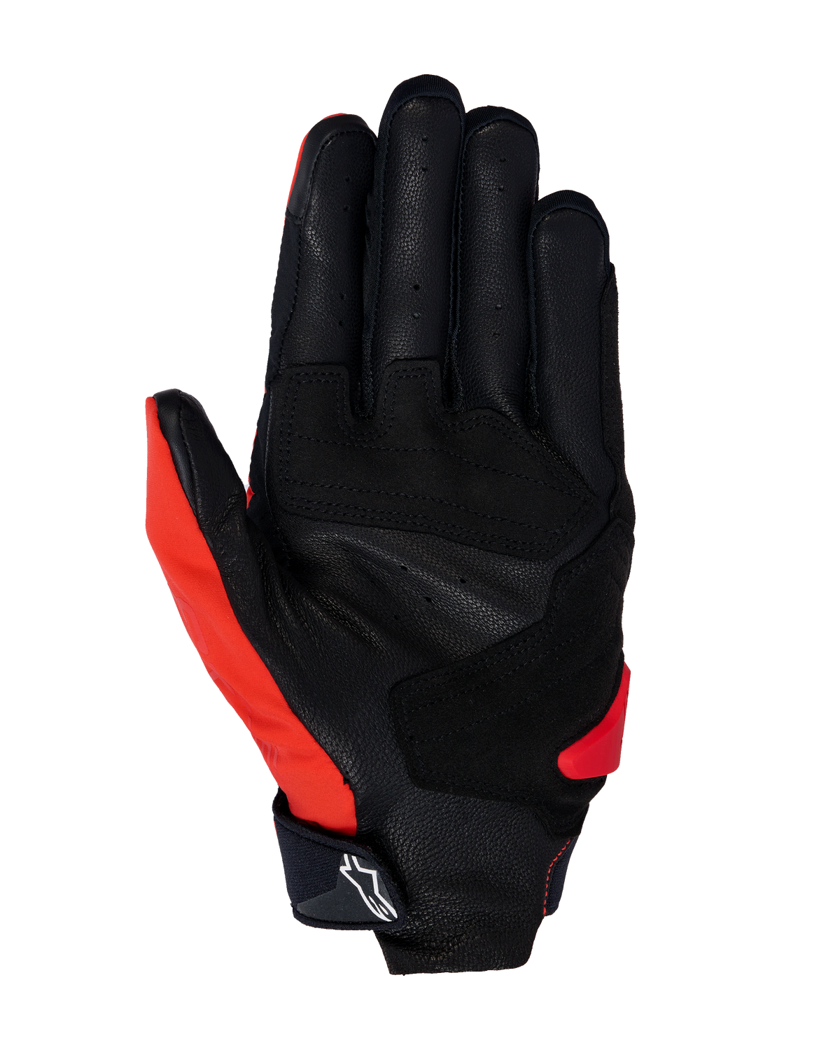 Rękawice Alpinestars SP X 3, rękawice motocyklowe, jasnoczerwone, czarne i białe, widok dłoni z perforowaną skórą, syntetycznymi nakładkami poprawiającymi chwyt i opuszkami palców kompatybilnymi z ekranami dotykowymi, wytrzymały sprzęt sportowy i wyścigowy