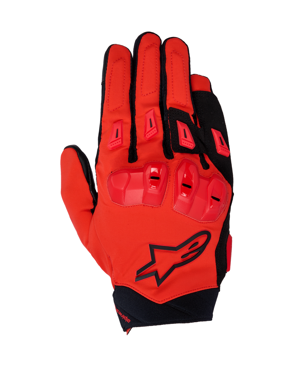 Alpinestars 2025 SP X 3 Gloves, wyścigowe rękawice motocyklowe, jaskrawoczerwone i czarne, z ochroną kostek TPU o podwójnej gęstości i ślizgaczami palców, widok z góry ukazujący konstrukcję z elastycznej siatki i czarne logo z gwiazdą