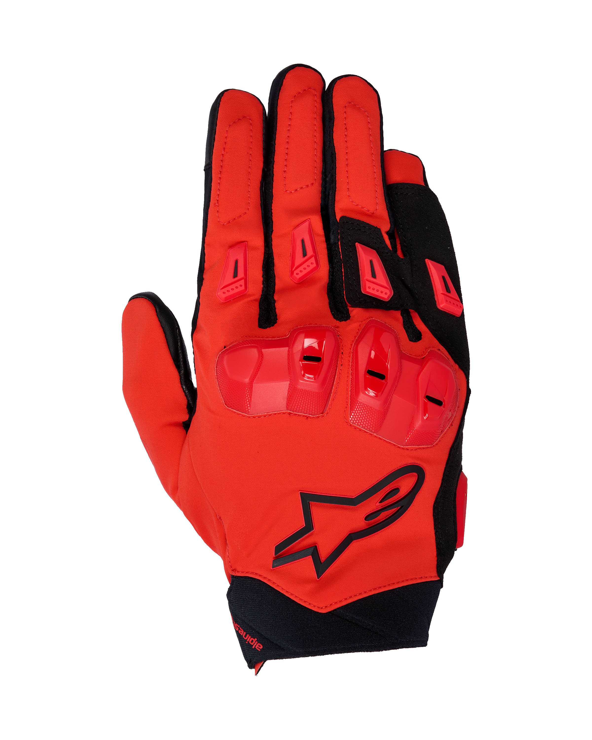 Alpinestars 2025 SP X 3 Gloves, wyścigowe rękawice motocyklowe, jaskrawoczerwone i czarne, z ochroną kostek TPU o podwójnej gęstości i ślizgaczami palców, widok z góry ukazujący konstrukcję z elastycznej siatki i czarne logo z gwiazdą