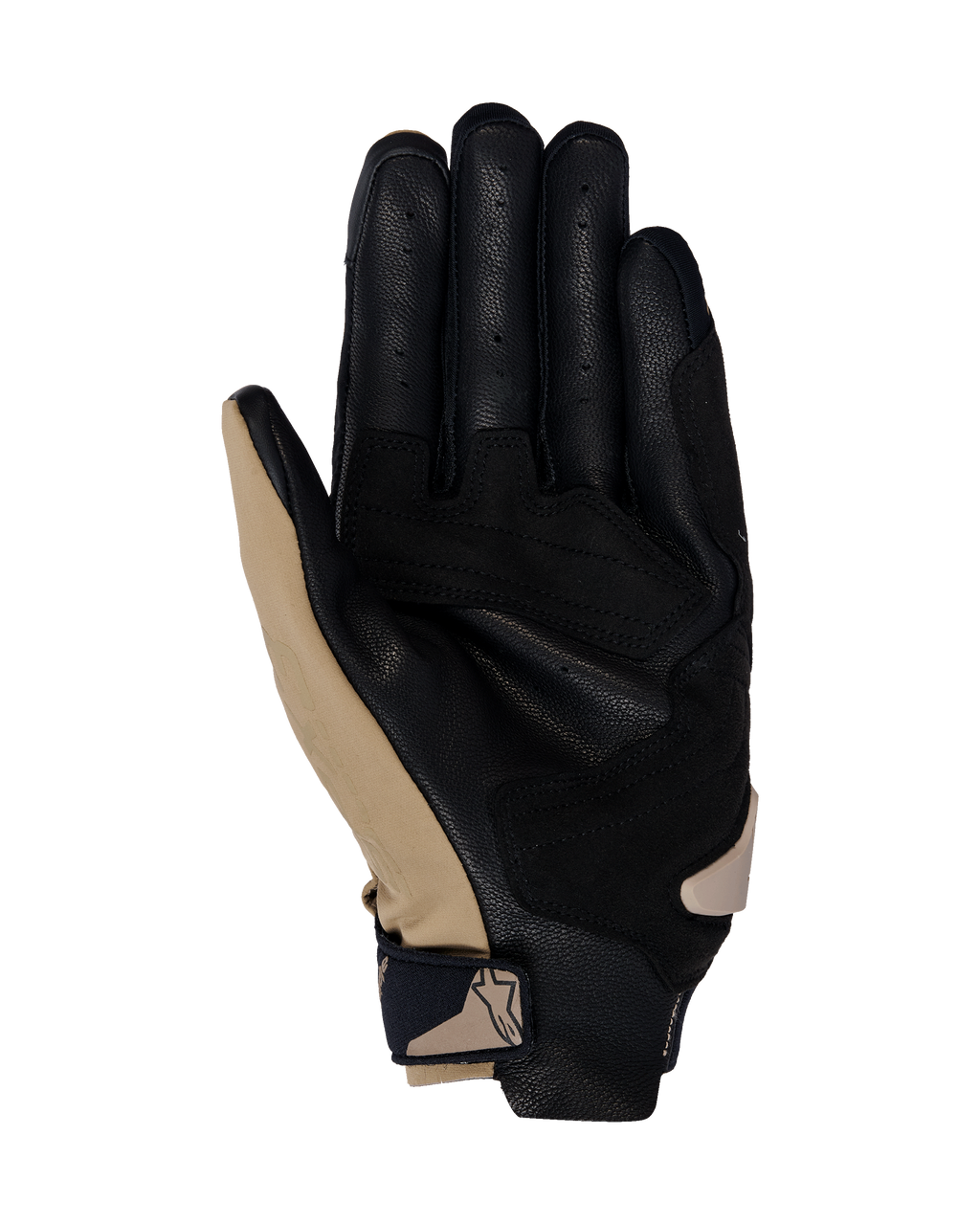 Rękawice Alpinestars SP X 3, rękawice motocyklowe, kolor Dark Khaki Sand Black, widok od strony dłoni z perforowaną czarną skórą i syntetycznymi nakładkami w kolorze khaki, kompaktowy pasek na nadgarstku z logo, ergonomiczny design do jazdy sportowej i szosowej