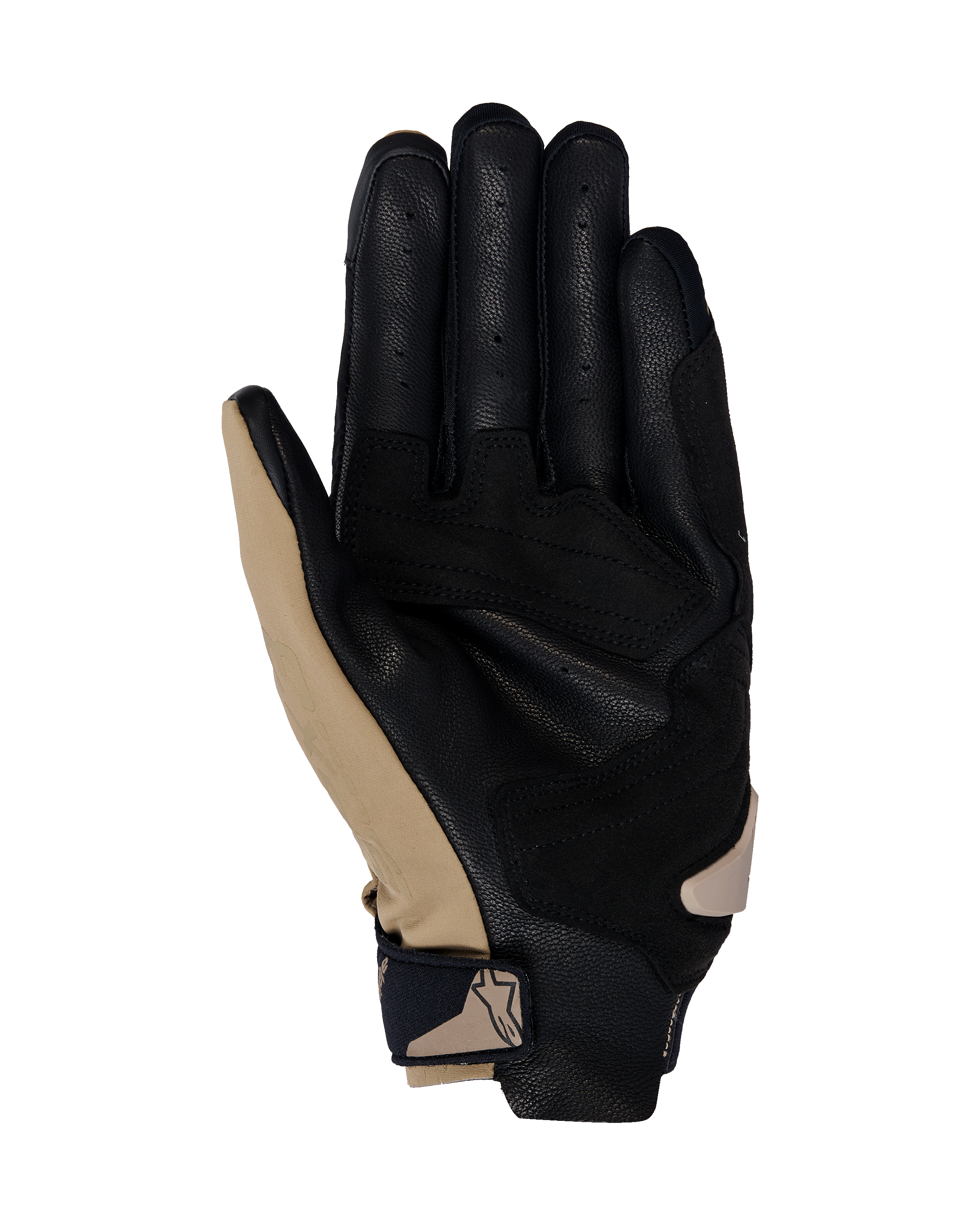 Rękawice Alpinestars SP X 3, rękawice motocyklowe, kolor Dark Khaki Sand Black, widok od strony dłoni z perforowaną czarną skórą i syntetycznymi nakładkami w kolorze khaki, kompaktowy pasek na nadgarstku z logo, ergonomiczny design do jazdy sportowej i szosowej