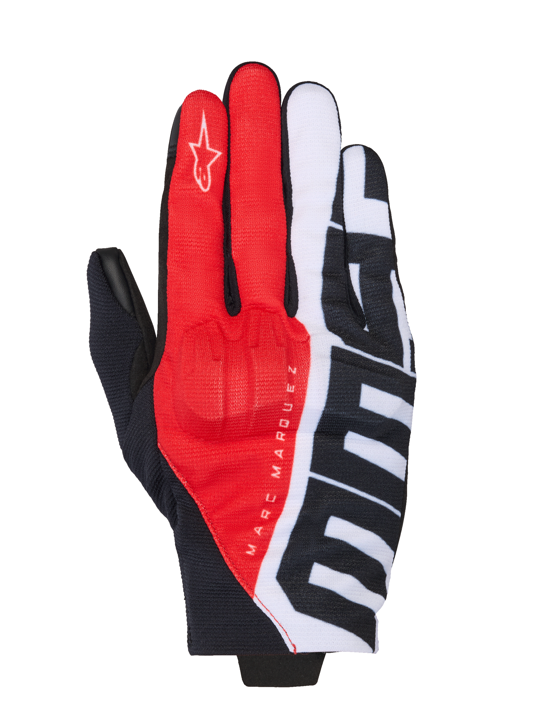 Alpinestars MM93 Reef V2 Gloves, Motorcycle Gloves, Black Bright Red and White, featuring Marc Marquez signature branding and large MM93 graphics, textile construction with integrated knuckle protection, short cuff urban riding gear