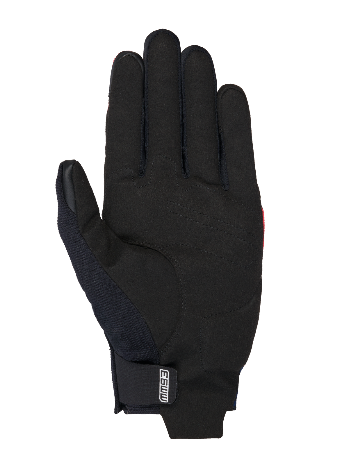 Rękawice Alpinestars MM93 Reef V2, rękawice motocyklowe, czarne wnętrze dłoni z syntetycznego zamszu ze wzmocnionymi szwami, logo MM93 na pasku nadgarstkowym, smukła konstrukcja z krótkim mankietem do jazdy miejskiej
