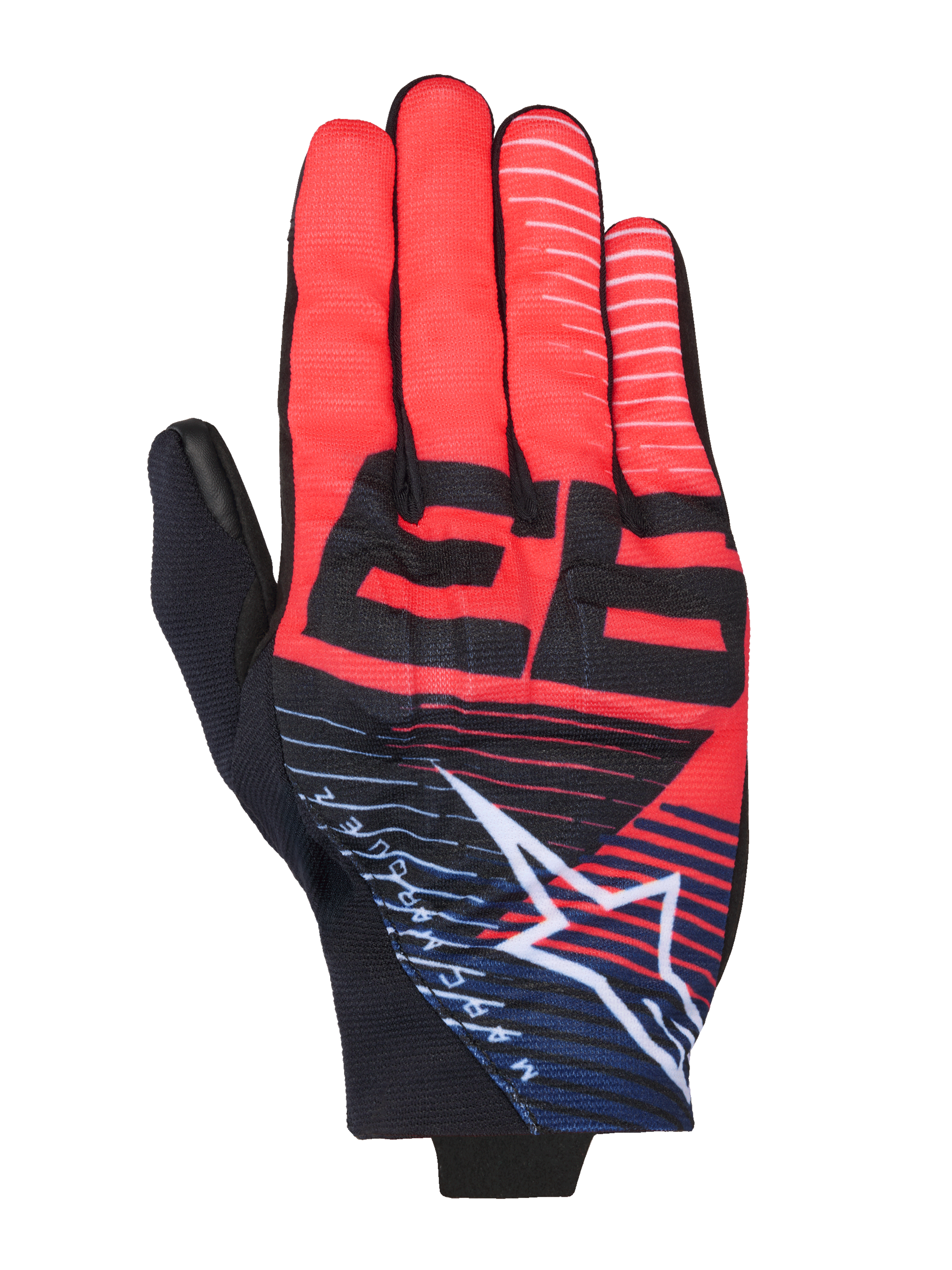 Rękawice Alpinestars MM93 Reef V2, rękawice motocyklowe, czerwone i czarne z granatowymi akcentami, z wyraźną czarną grafiką 93, białym logo gwiazdy Alpinestars z paskami, nowoczesny sportowy design z oddychającego, elastycznego materiału