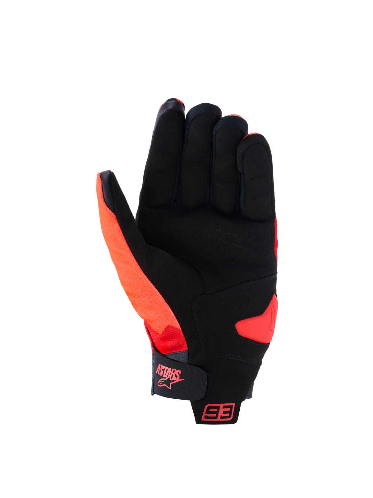Rękawice Alpinestars MM93 Reef V2, widok od strony dłoni, czerwony fluo i czarny, dłoń z syntetycznego zamszu z wyściełanym wzmocnieniem, pasek na rzep na mankiecie z logo Astars i brandingiem 93, miejskie rękawice motocyklowe
