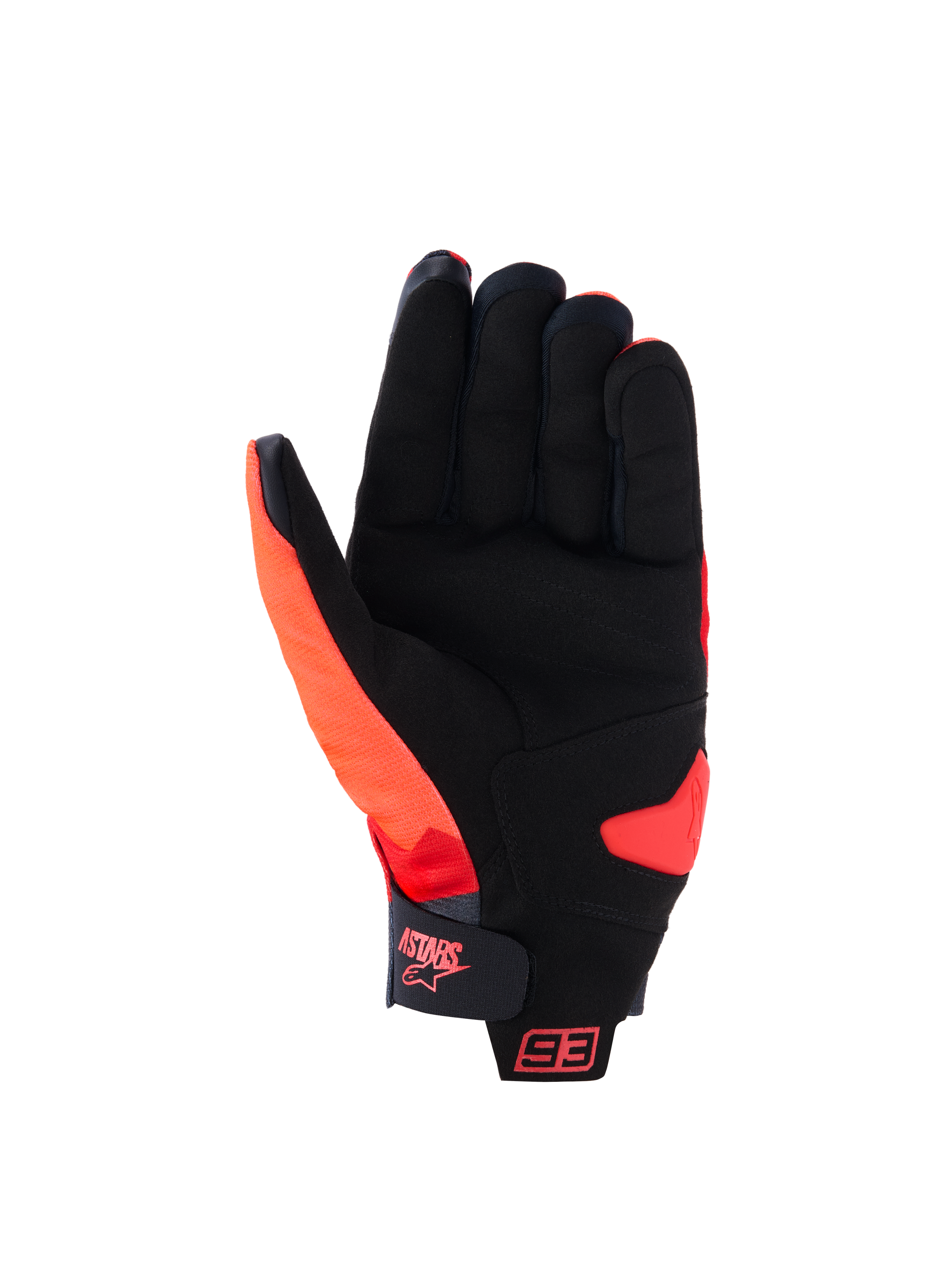 Rękawice Alpinestars MM93 Reef V2, widok od strony dłoni, czerwony fluo i czarny, dłoń z syntetycznego zamszu z wyściełanym wzmocnieniem, pasek na rzep na mankiecie z logo Astars i brandingiem 93, miejskie rękawice motocyklowe