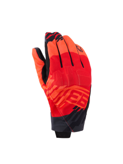 Alpinestars MM93 Reef V2 Gloves, short cuff motorcycle gloves, Red Fluo and Bright Red with Black accents, featuring Marc Marquez MM93 graphics and integrated knuckle protection, modern urban design