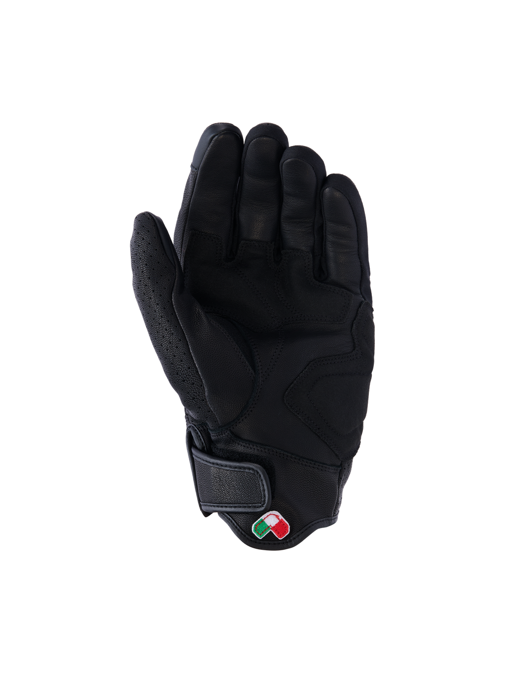 Alpinestars Mustang V3 Leather Gloves, czarne, widok od strony dłoni, konstrukcja z wysokiej jakości skóry koziej ze wzmocnionymi strefami chwytu, krótki mankiet z zapięciem na rzep i małą haftowaną naszywką z logo, miejska motocyklowa odzież ochronna