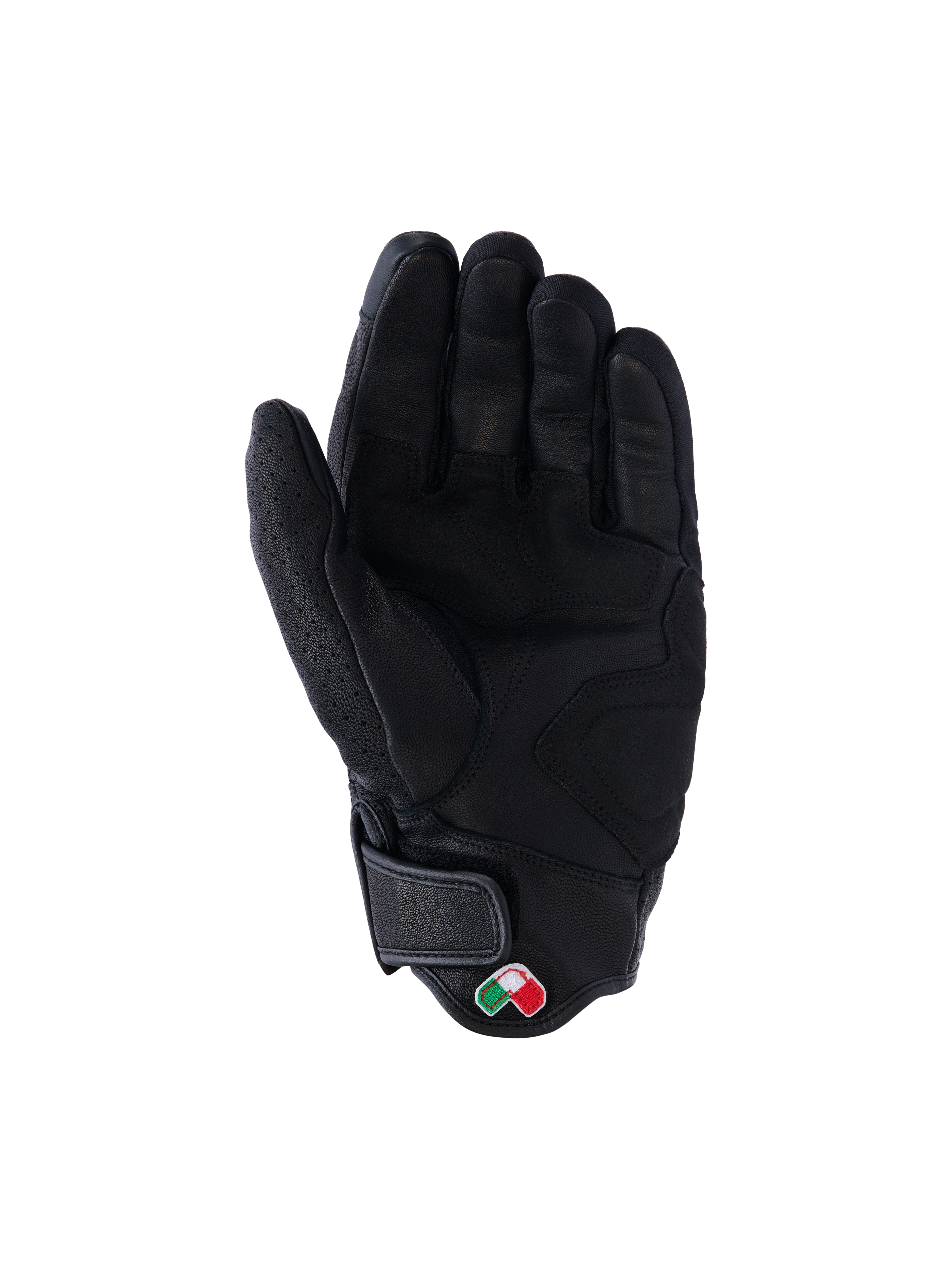 Alpinestars Mustang V3 Leather Gloves, czarne, widok od strony dłoni, konstrukcja z wysokiej jakości skóry koziej ze wzmocnionymi strefami chwytu, krótki mankiet z zapięciem na rzep i małą haftowaną naszywką z logo, miejska motocyklowa odzież ochronna