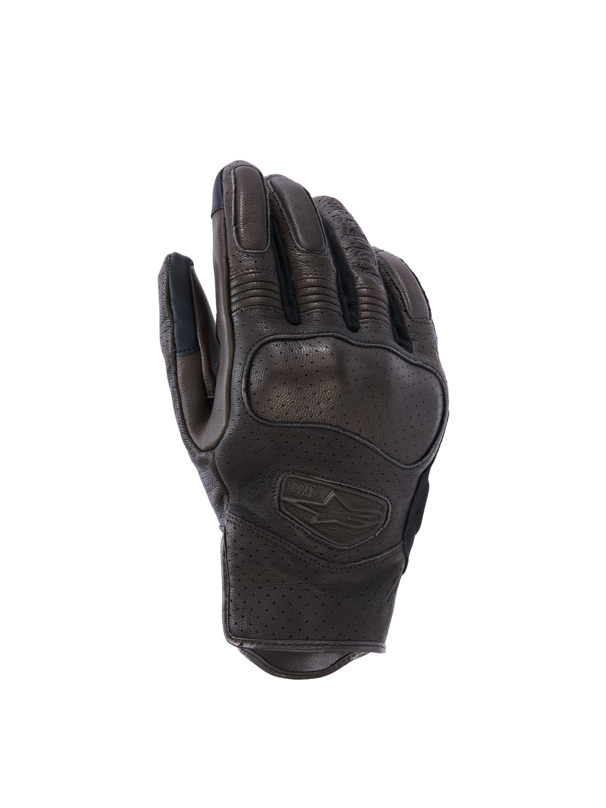 Alpinestars Mustang V3 Leather Gloves, miejskie rękawice motocyklowe, ciemnobrązowe i czarne, laserowo perforowana skóra kozia, zintegrowana ochrona kostek, wytłoczone logo, krótki mankiet