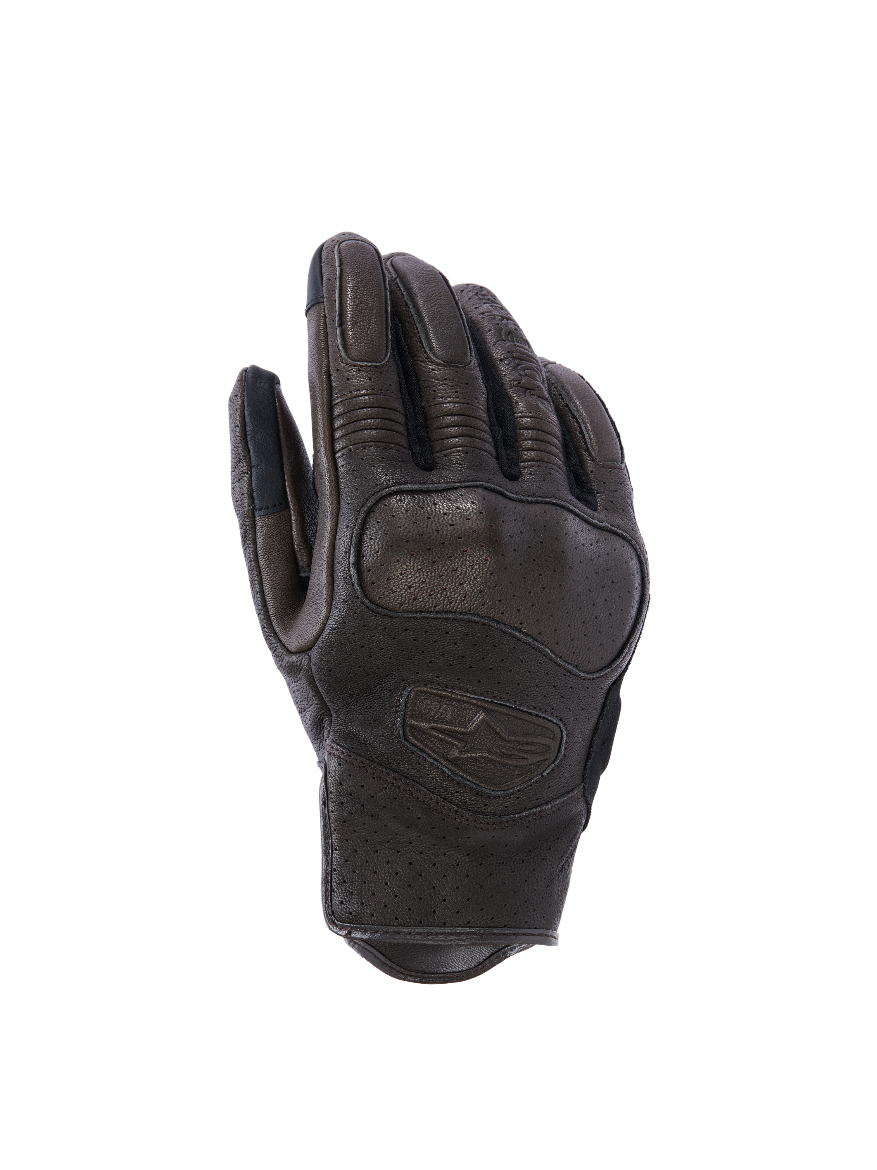 Alpinestars Mustang V3 Leather Gloves, miejskie rękawice motocyklowe, ciemnobrązowe i czarne, laserowo perforowana skóra kozia, zintegrowana ochrona kostek, wytłoczone logo, krótki mankiet