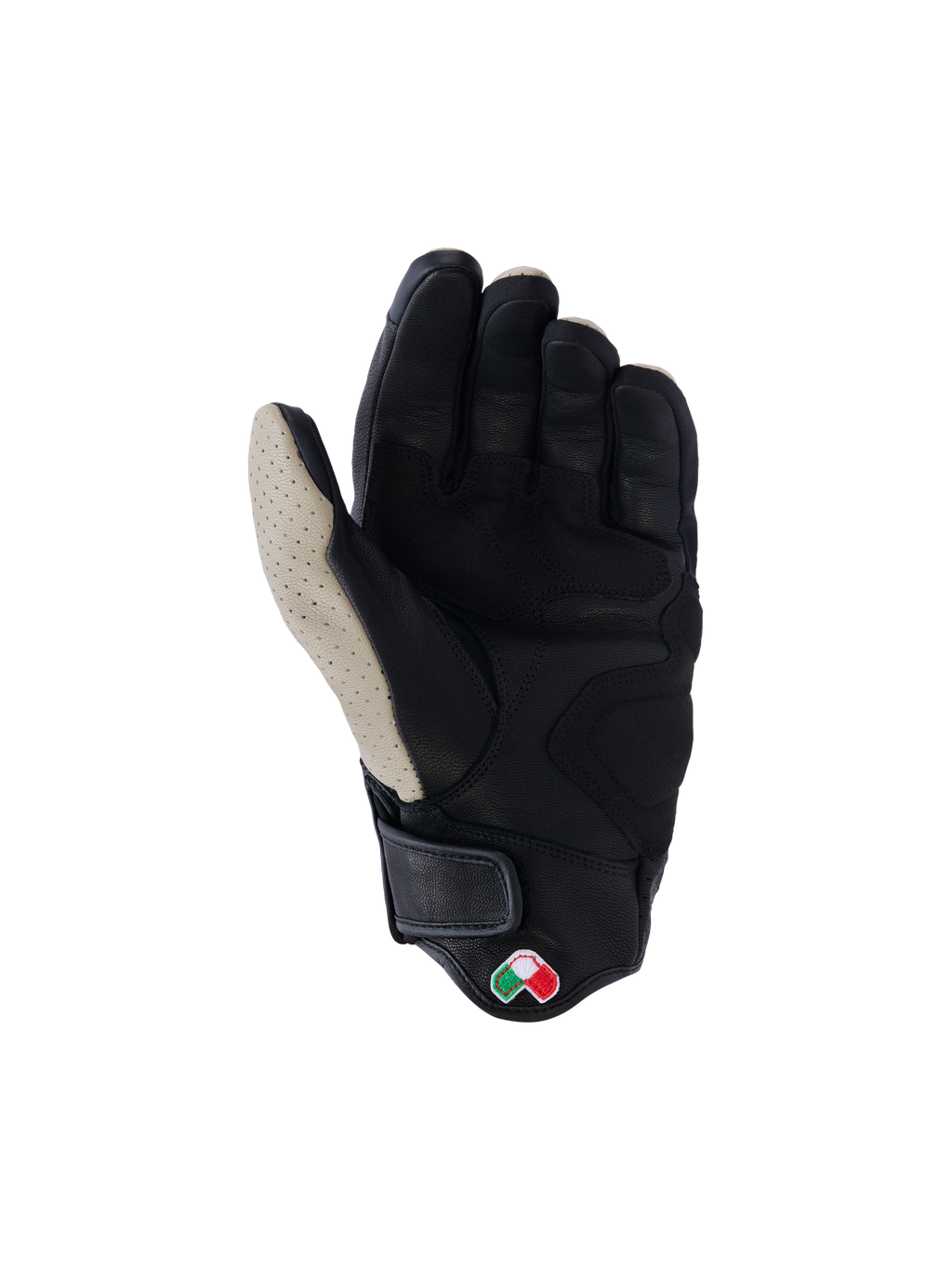 Alpinestars Mustang V3 Leather Gloves, widok od strony dłoni, Aluminum Black, czarna skóra kozia z perforowanym jasnoszarym obszarem kciuka, wzmocnione strefy dłoni i kciuka, krótki mankiet z zapięciem na rzep, miejskie rękawice motocyklowe w stylu heritage