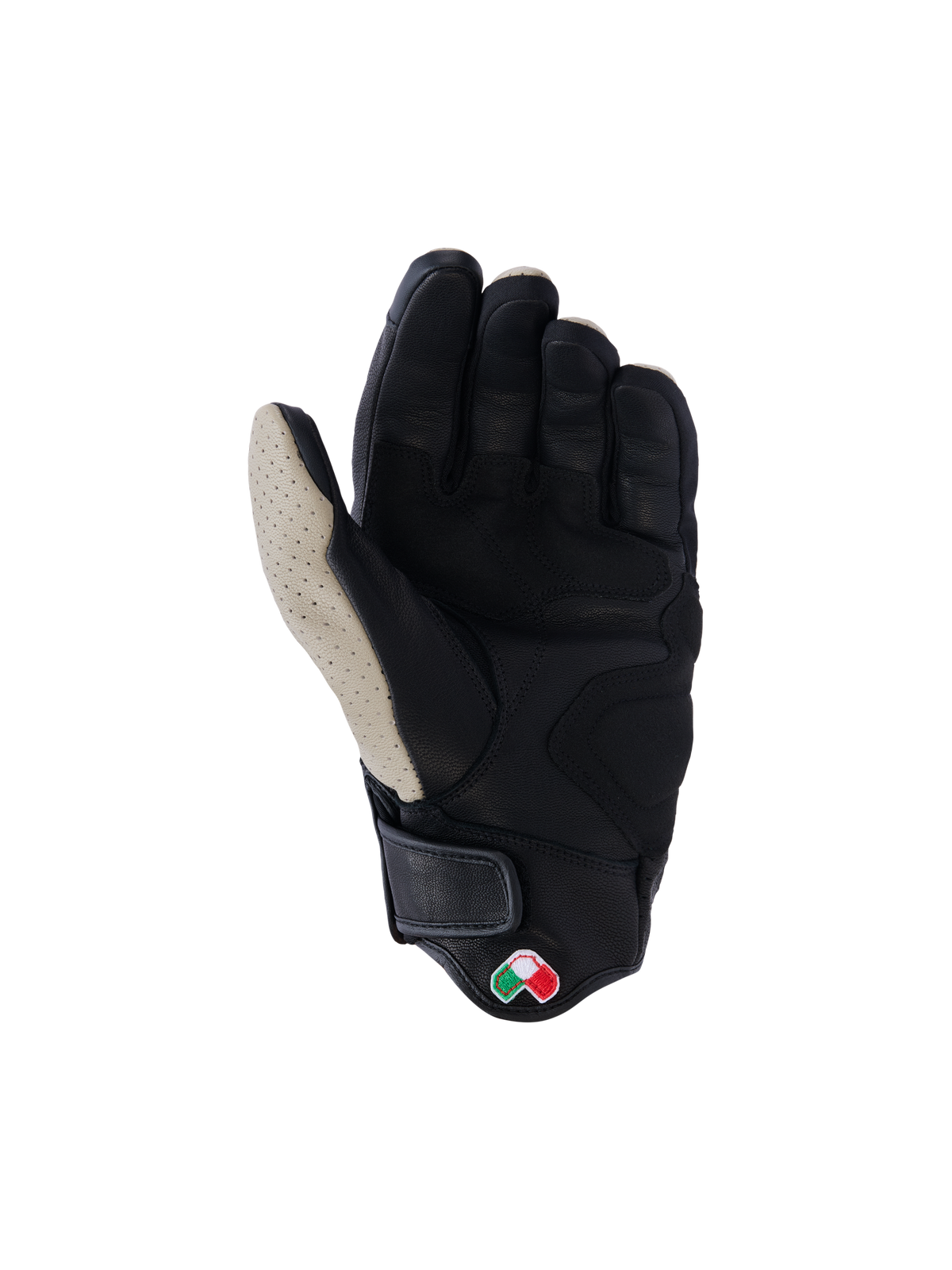 Alpinestars Mustang V3 Leather Gloves, widok od strony dłoni, Aluminum Black, czarna skóra kozia z perforowanym jasnoszarym obszarem kciuka, wzmocnione strefy dłoni i kciuka, krótki mankiet z zapięciem na rzep, miejskie rękawice motocyklowe w stylu heritage