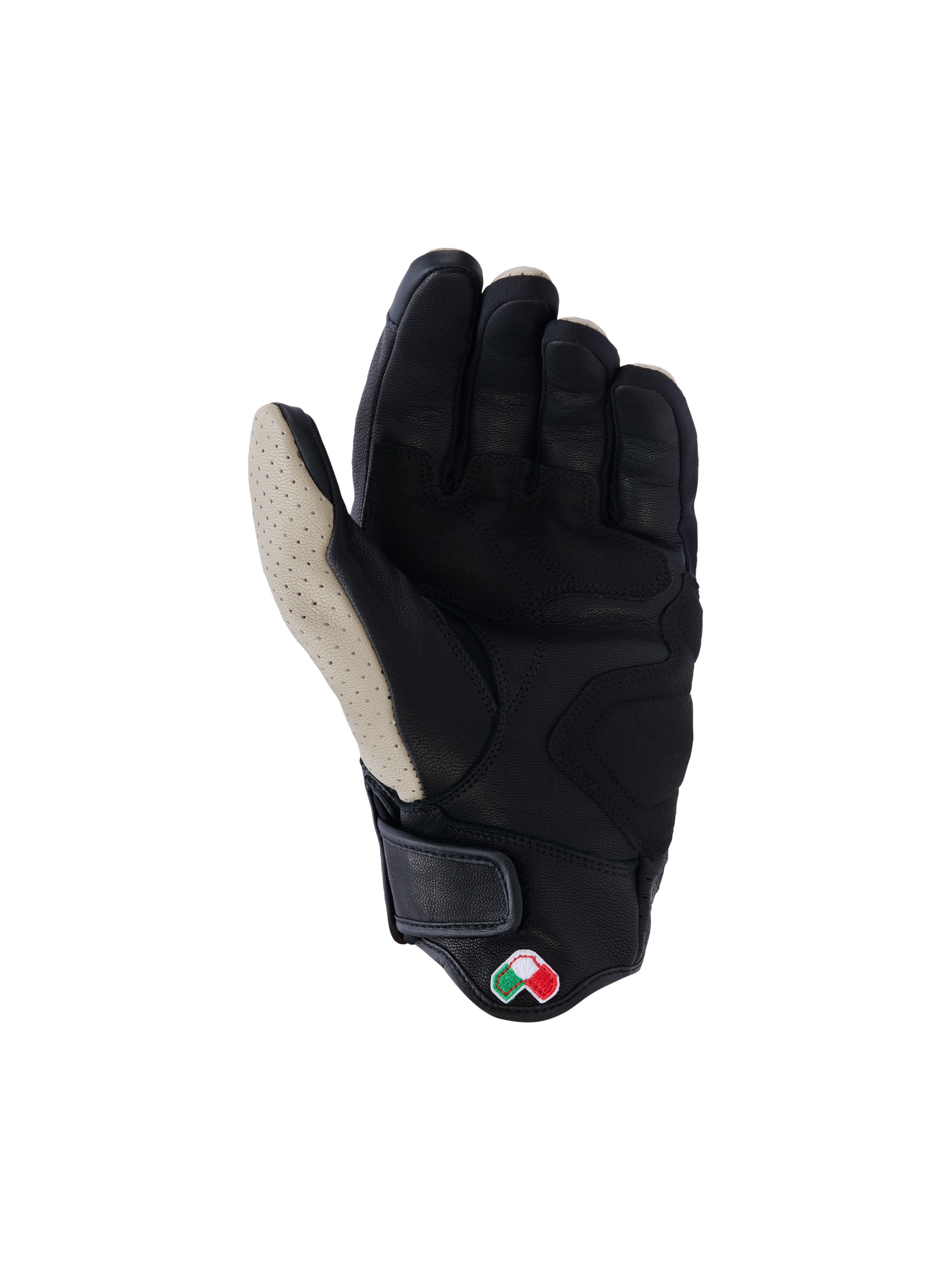 Alpinestars Mustang V3 Leather Gloves, widok od strony dłoni, Aluminum Black, czarna skóra kozia z perforowanym jasnoszarym obszarem kciuka, wzmocnione strefy dłoni i kciuka, krótki mankiet z zapięciem na rzep, miejskie rękawice motocyklowe w stylu heritage